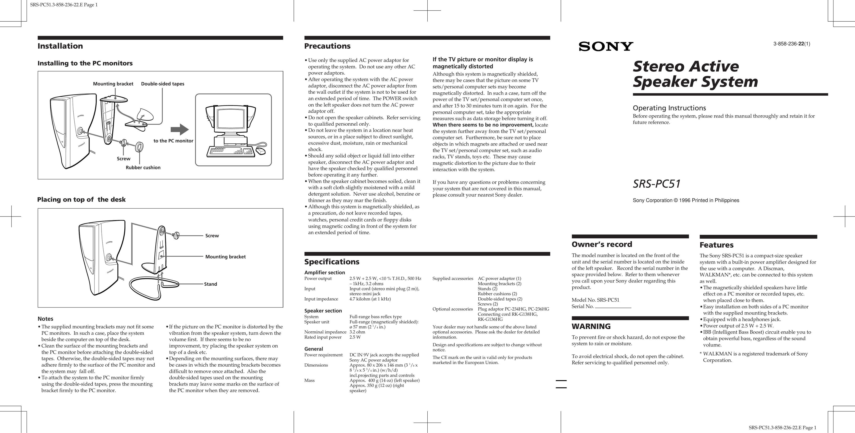 Sony SRS-PC51 Portable Speaker User Manual