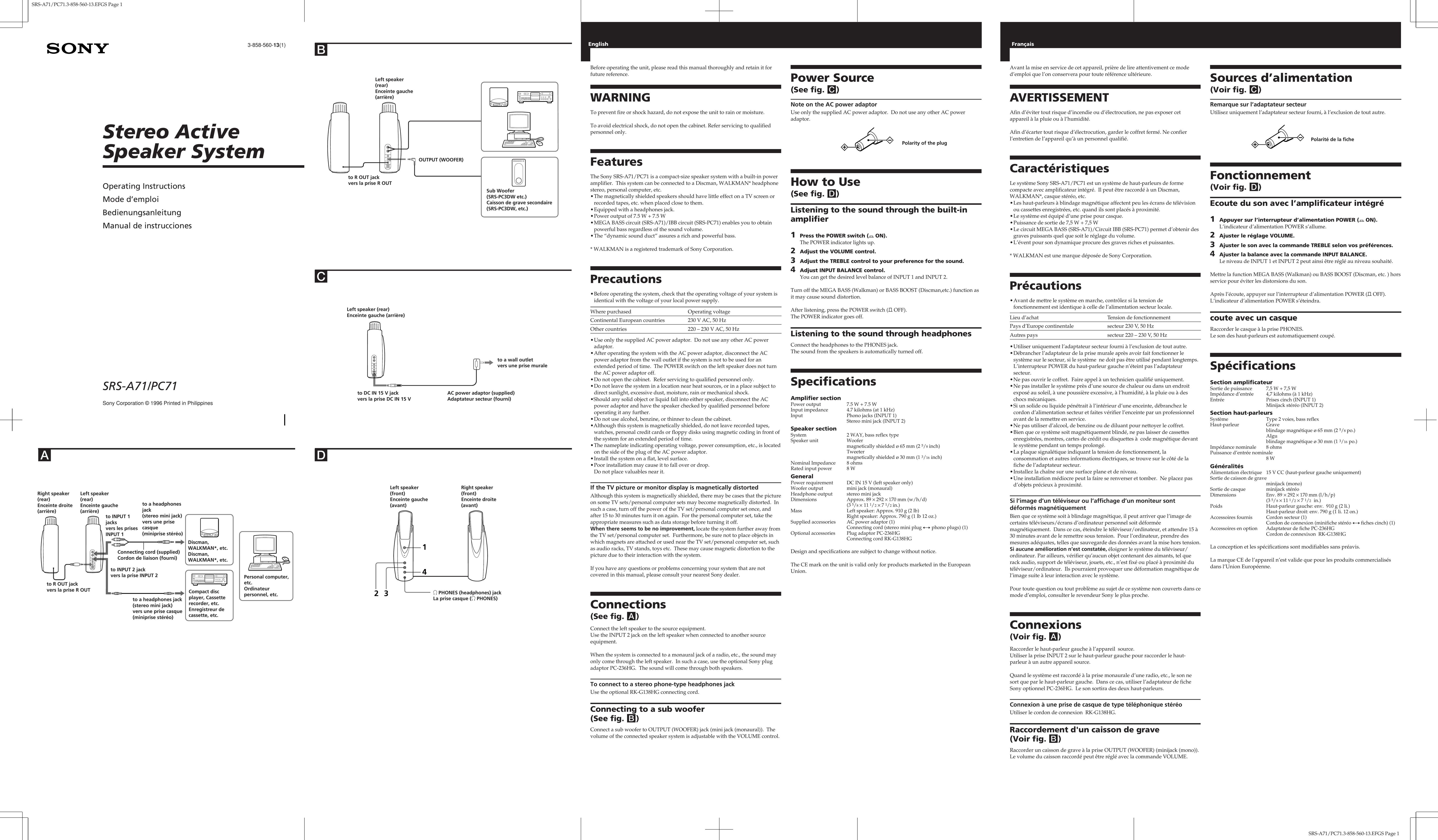 Sony SRS-PC71 Portable Speaker User Manual