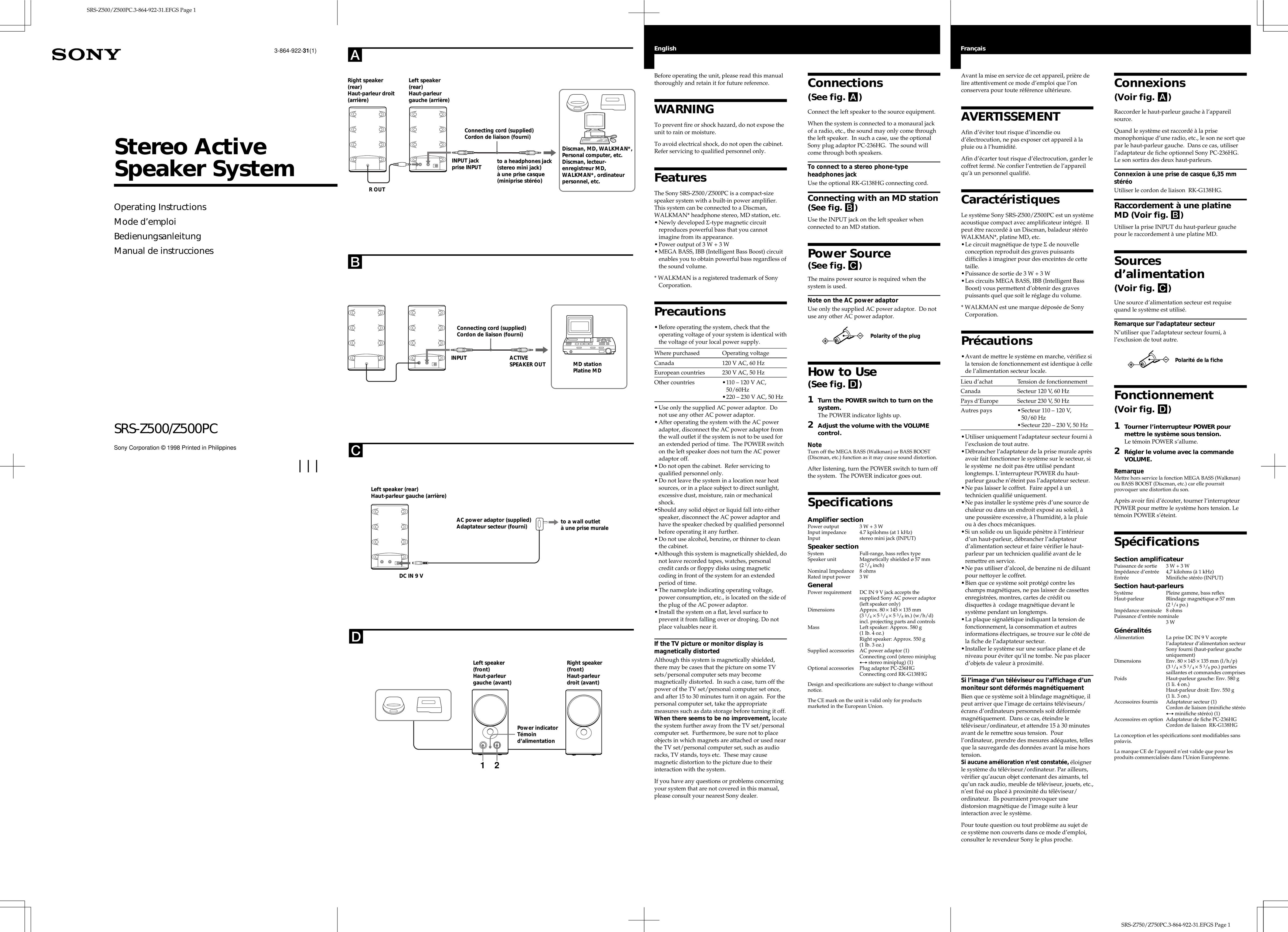 Sony SRS-Z500/Z500PC Portable Speaker User Manual
