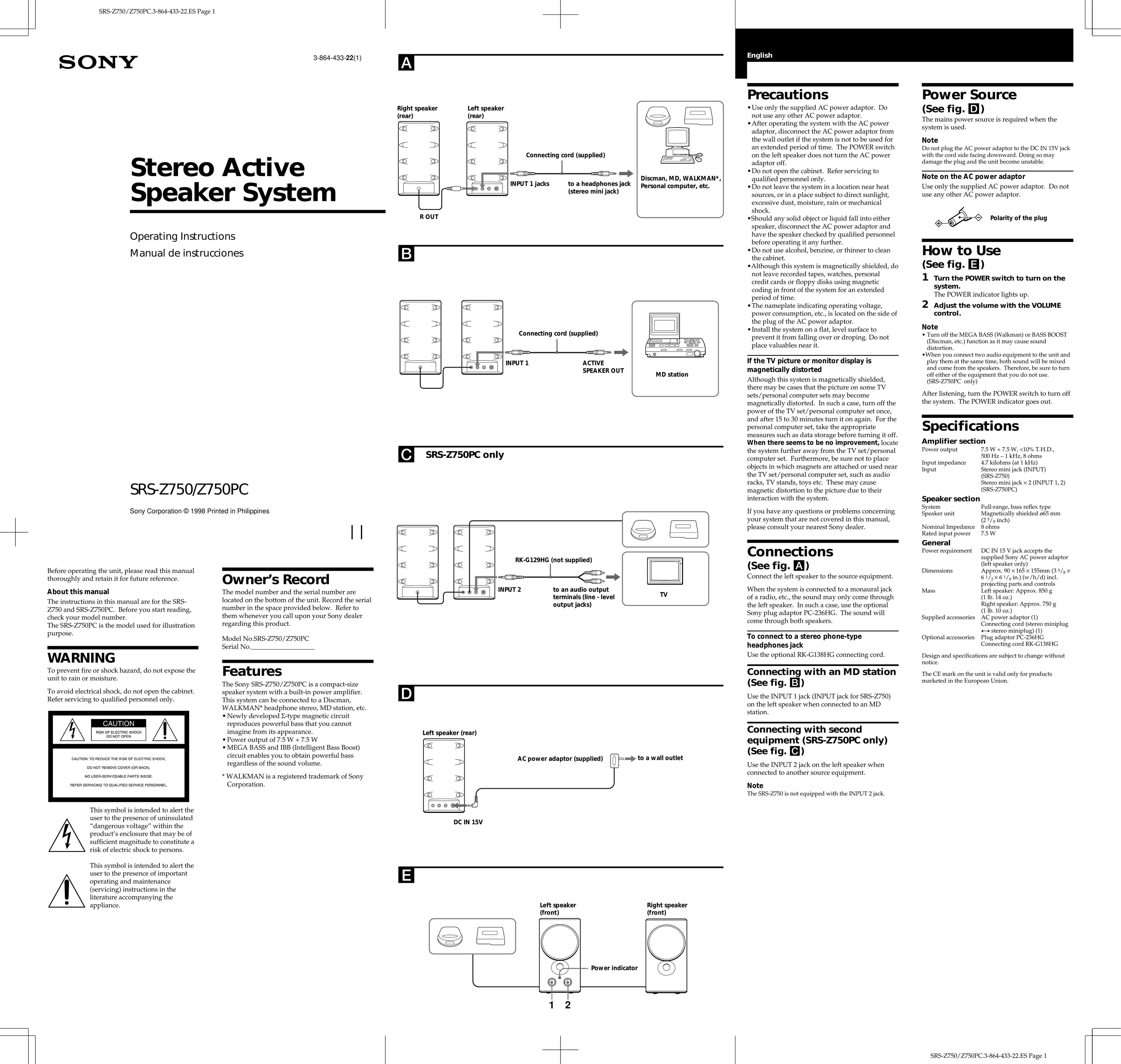 Sony SRS-Z750PC Portable Speaker User Manual
