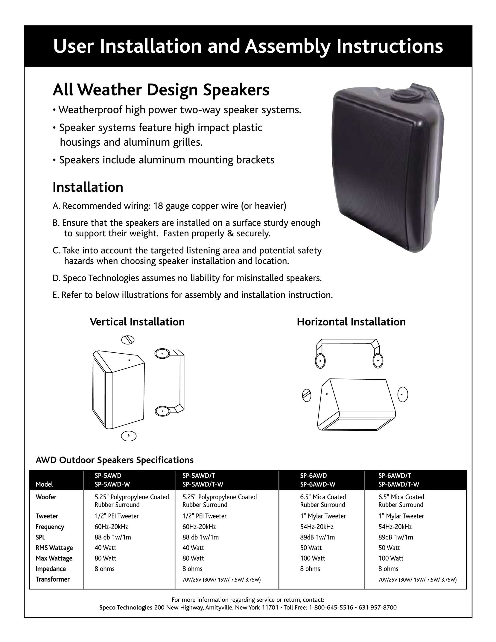 Speco Technologies SP-6AWT-W Portable Speaker User Manual