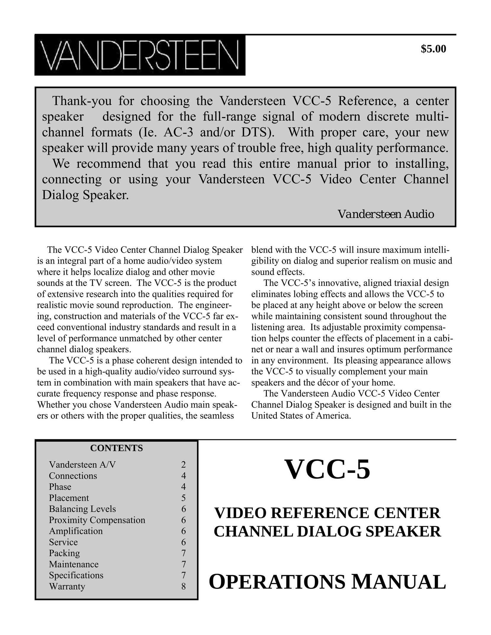 Vandersteen Audio VCC-5 Portable Speaker User Manual