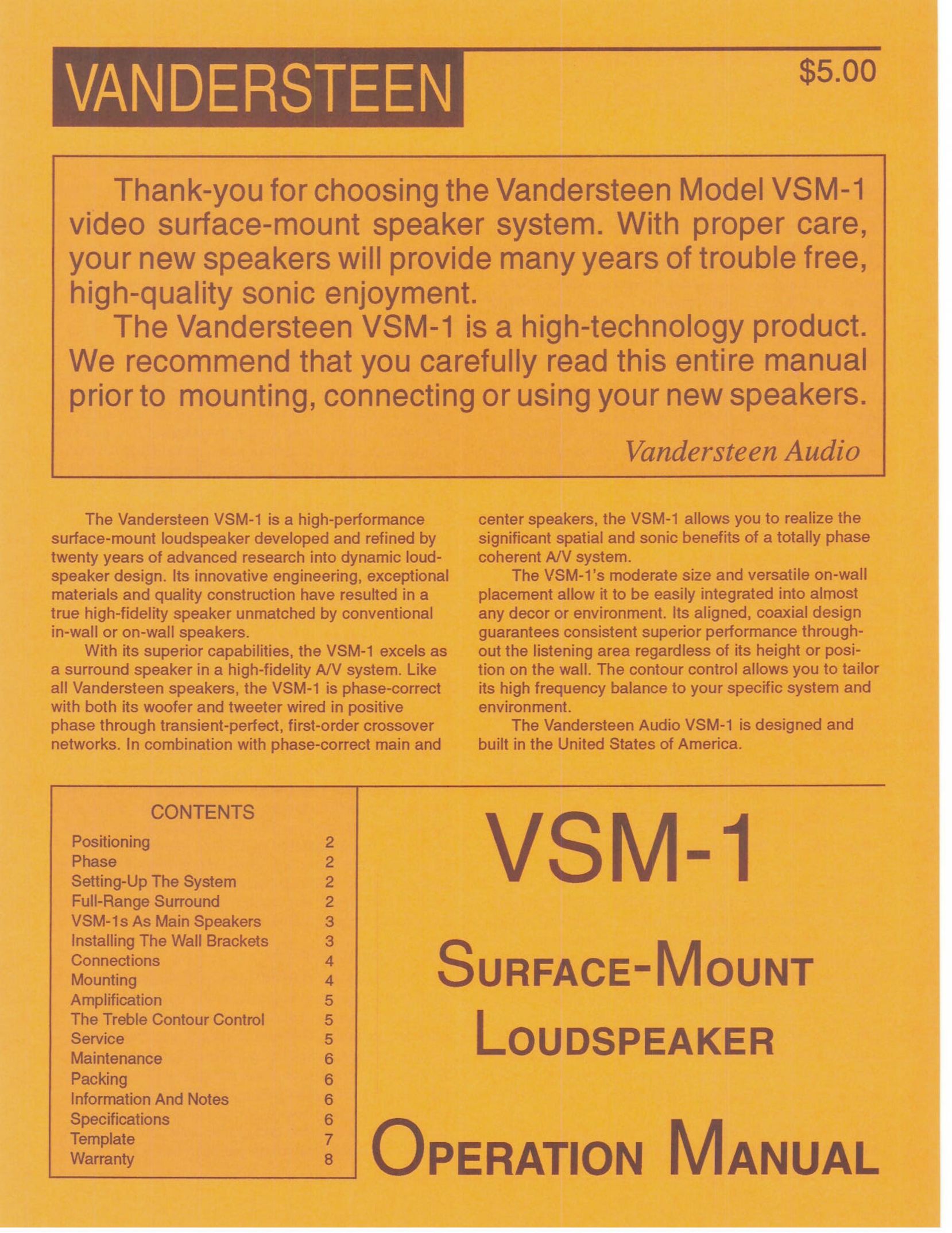Vandersteen Audio VSM-1 Portable Speaker User Manual