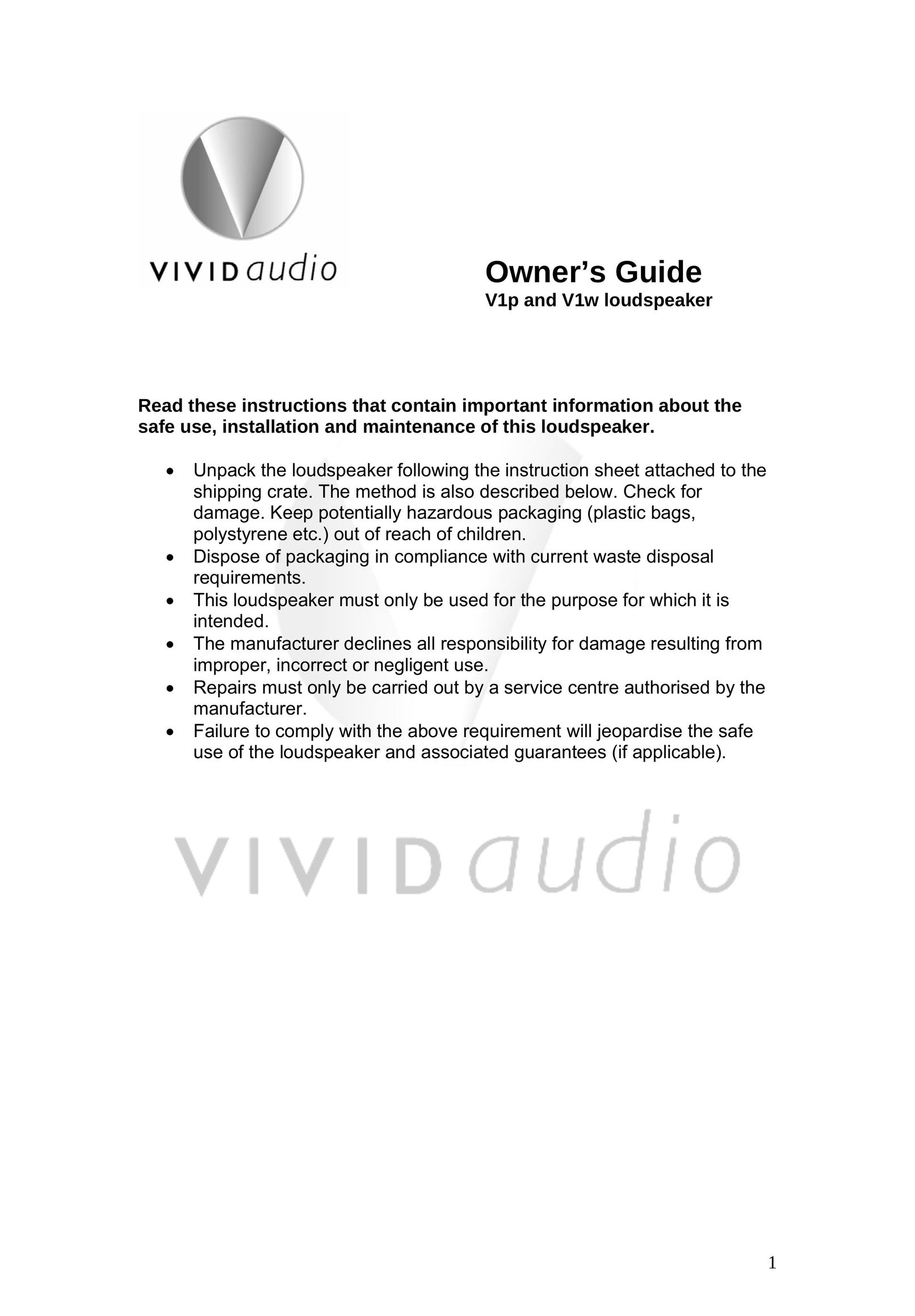 Vivid Audio V1p Portable Speaker User Manual