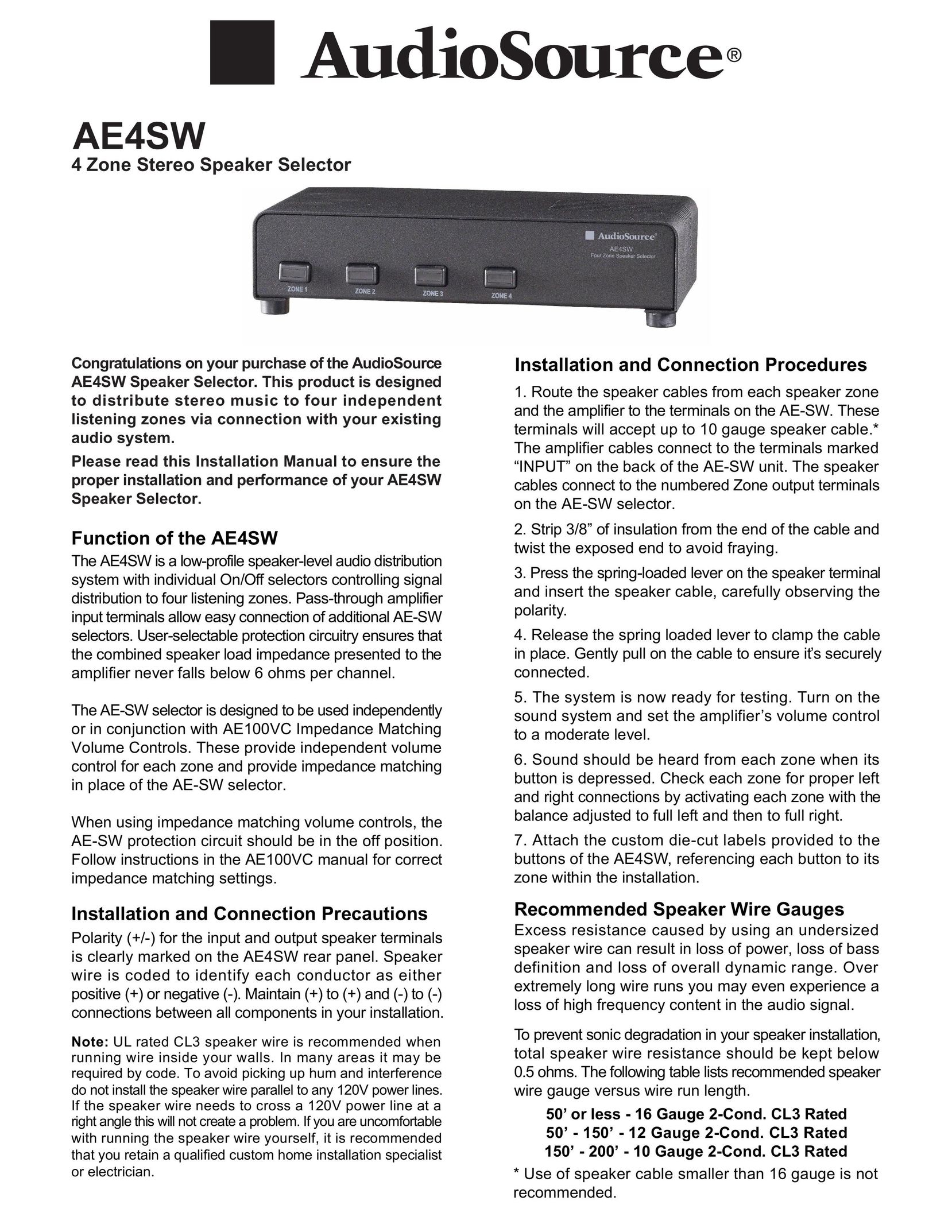 AudioSource AE4SW Portable Stereo System User Manual