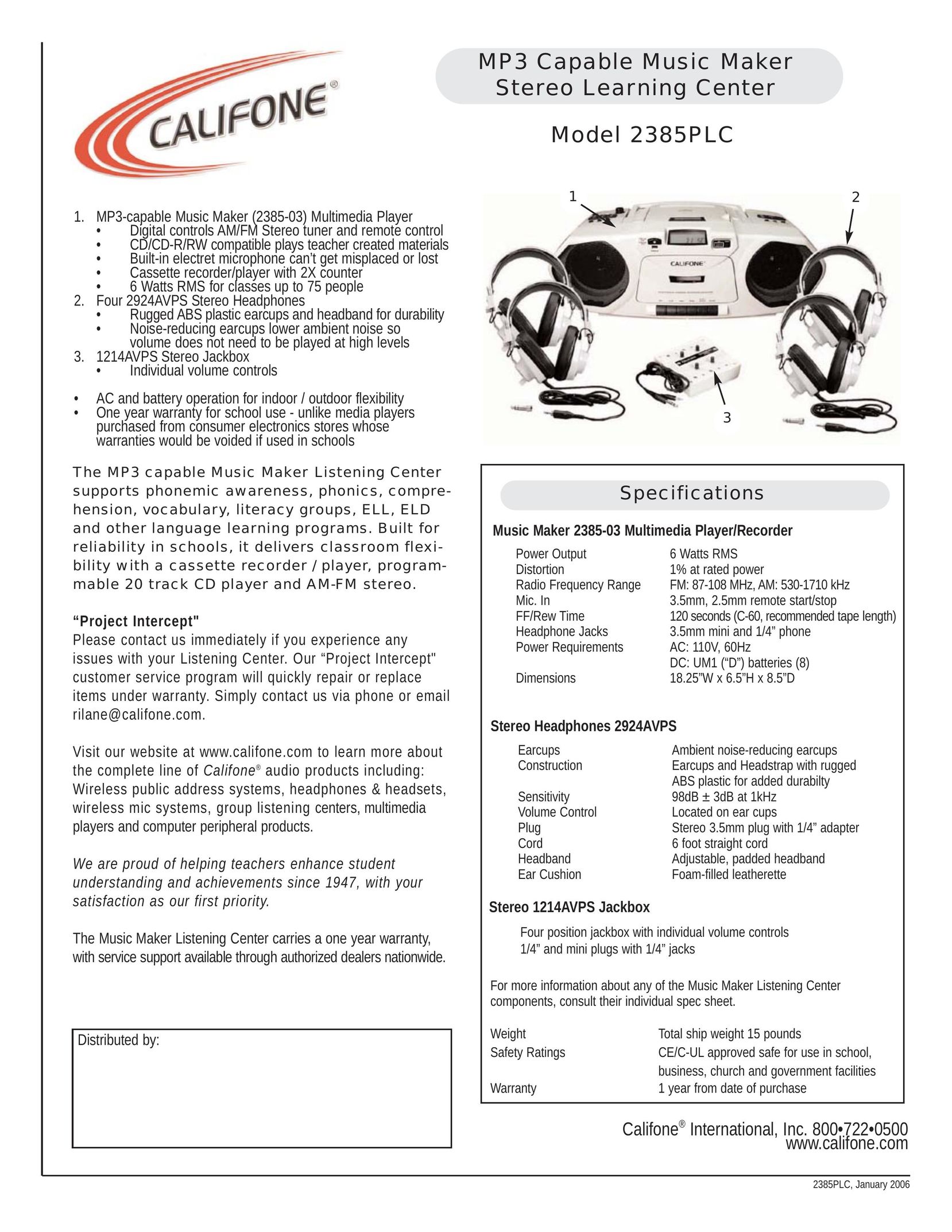 Califone 2385PLC Portable Stereo System User Manual