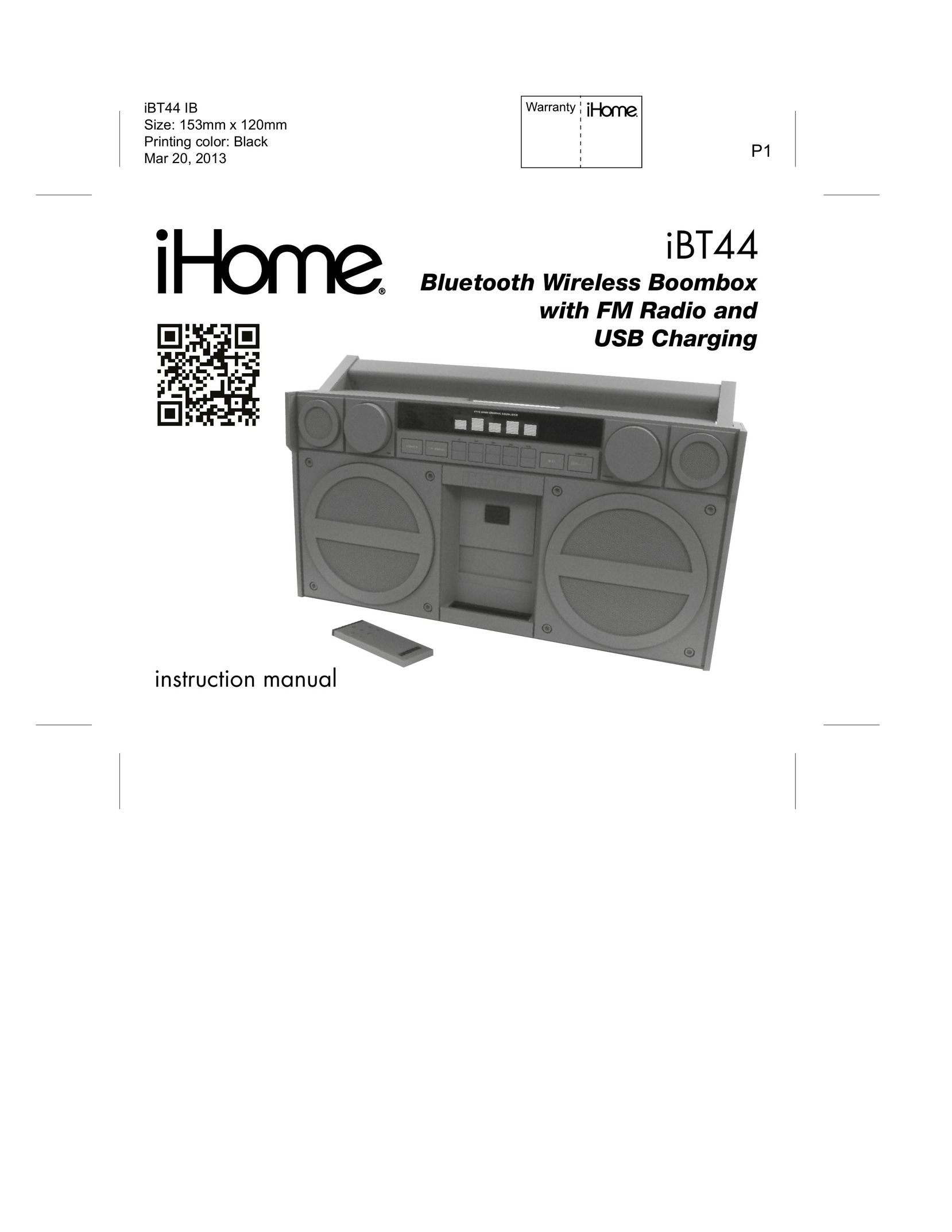 iHome iBT44 iB Portable Stereo System User Manual