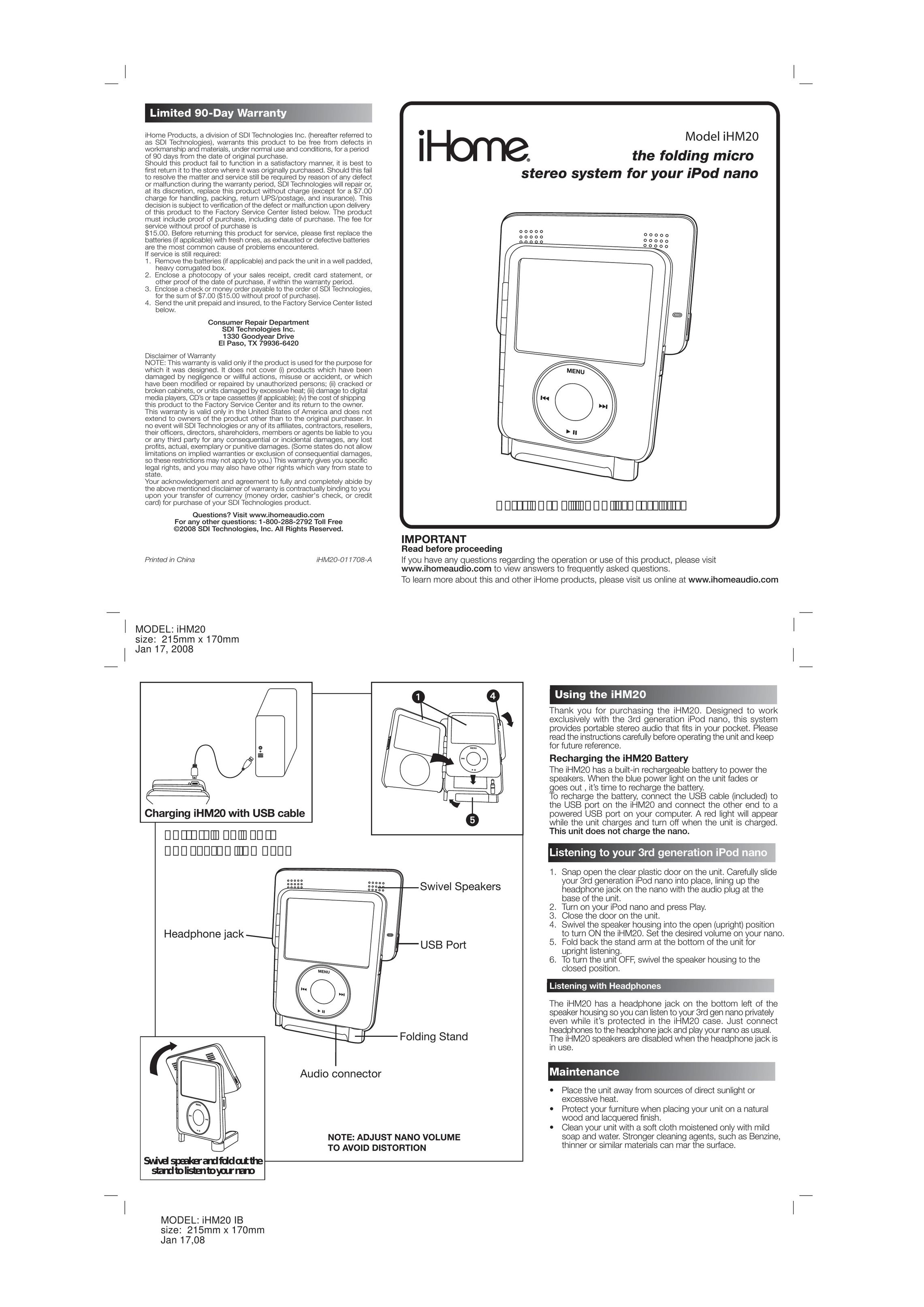 iHome IHM20 Portable Stereo System User Manual