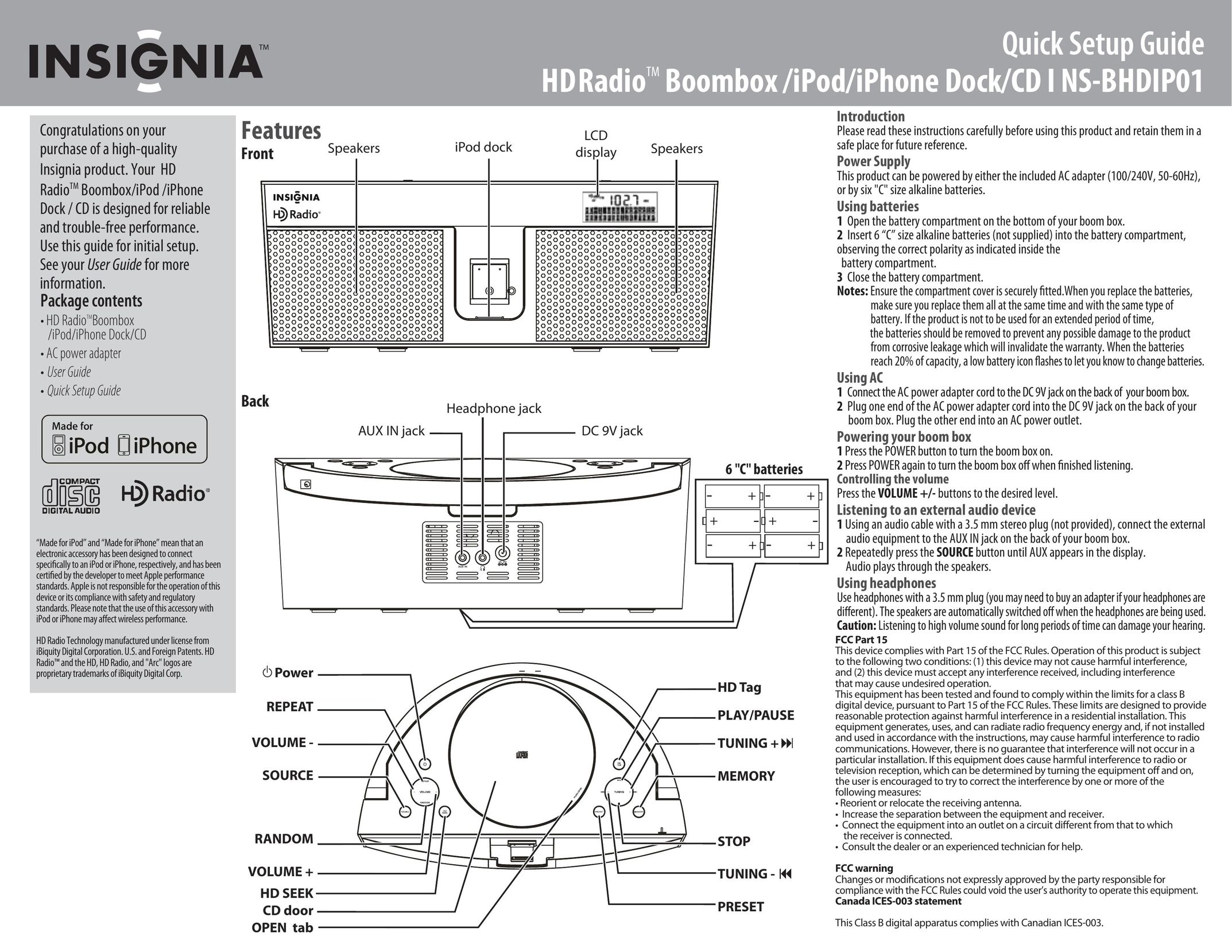 Insignia NS-BHDIP01 Portable Stereo System User Manual