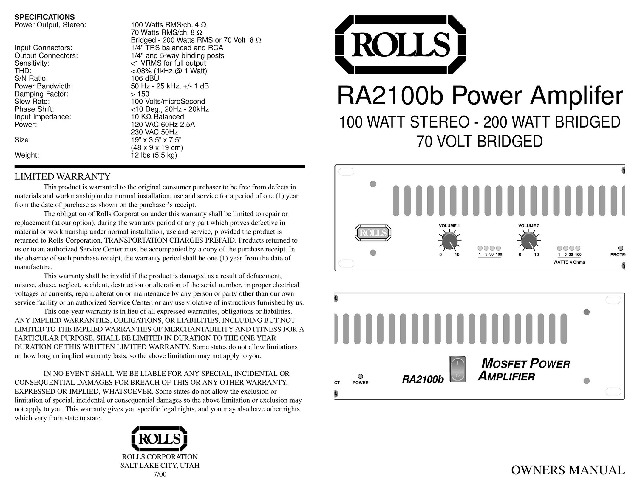 Rolls RA2100B Portable Stereo System User Manual