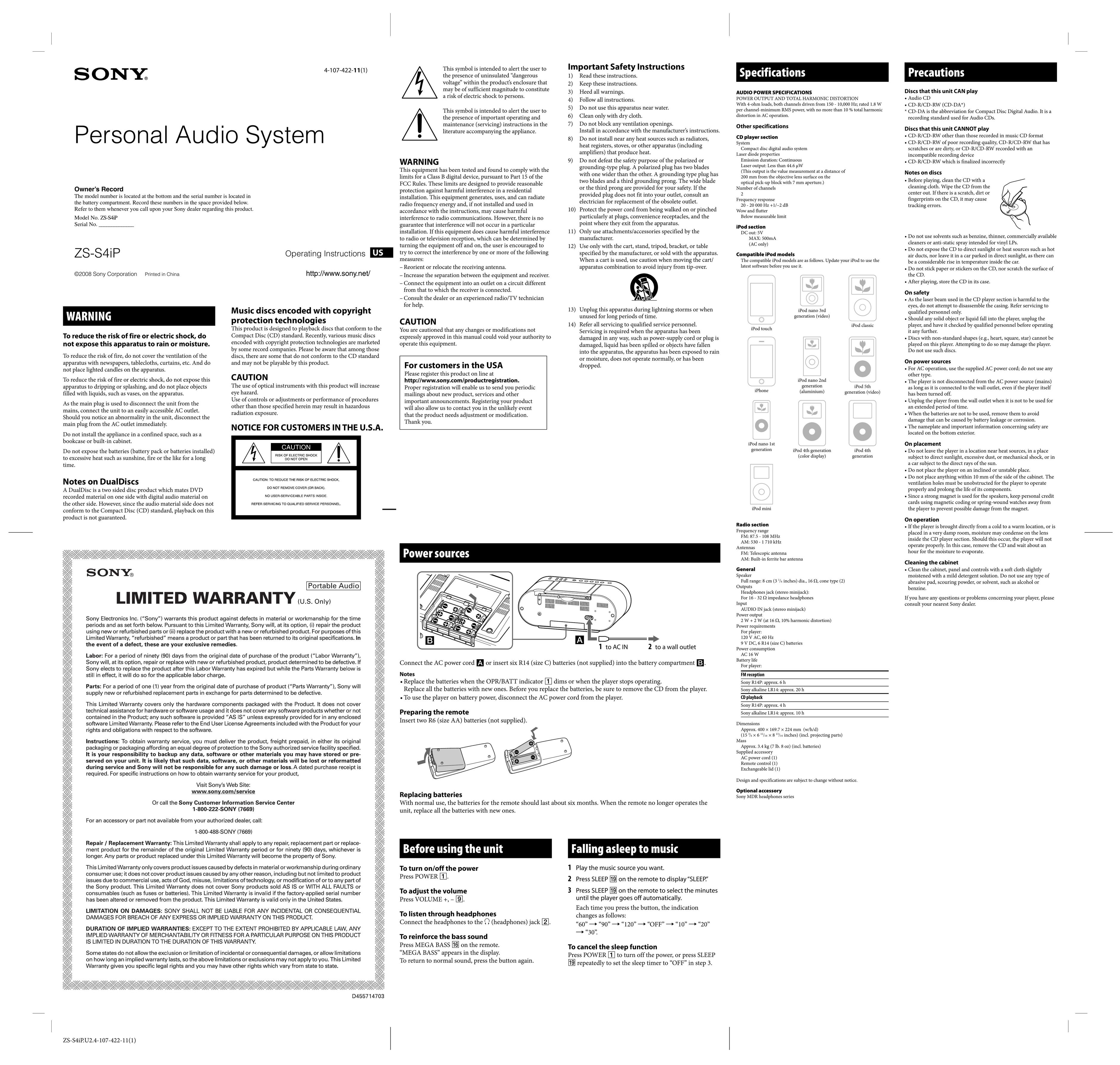 Sony ZS-S4iP Portable Stereo System User Manual