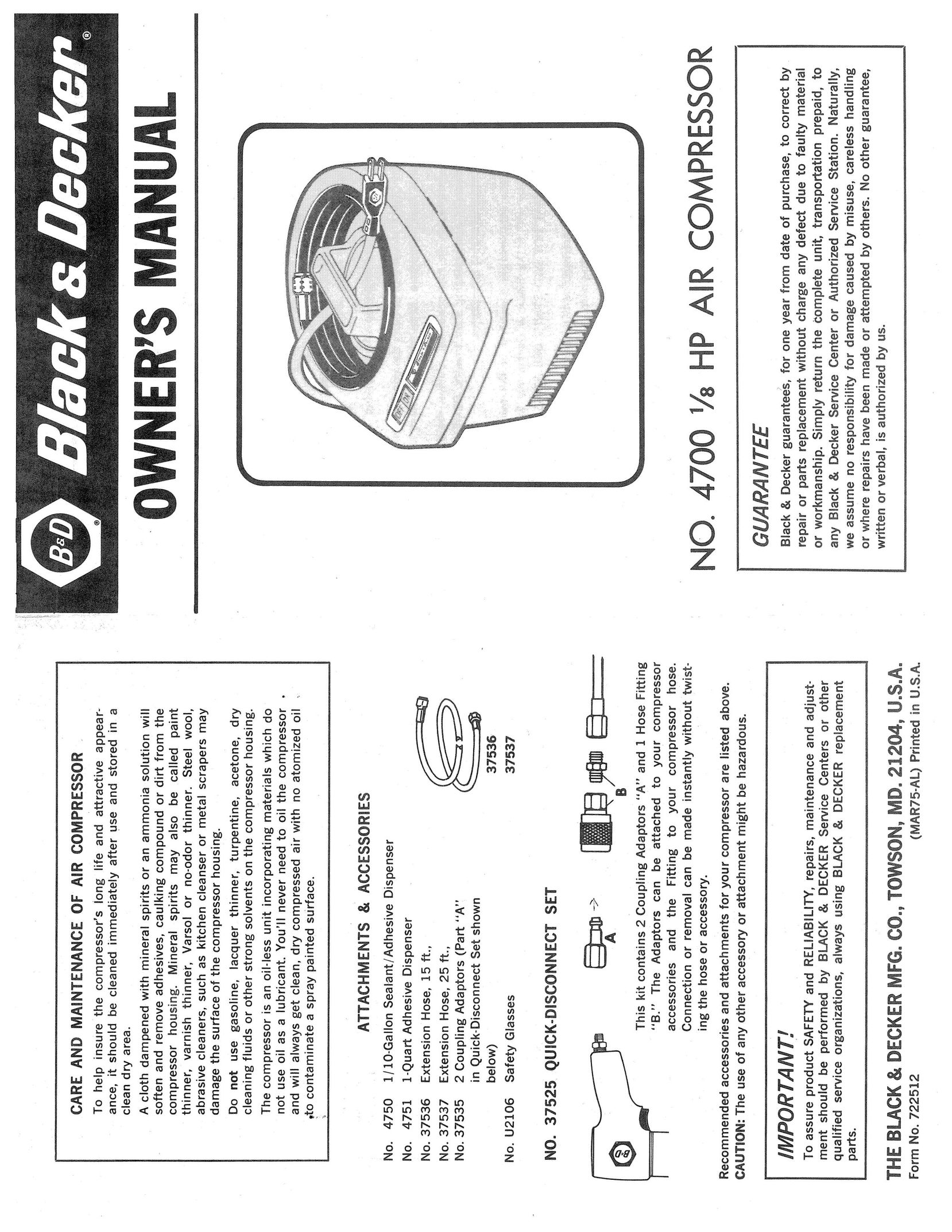 Black & Decker 722512 Air Compressor User Manual