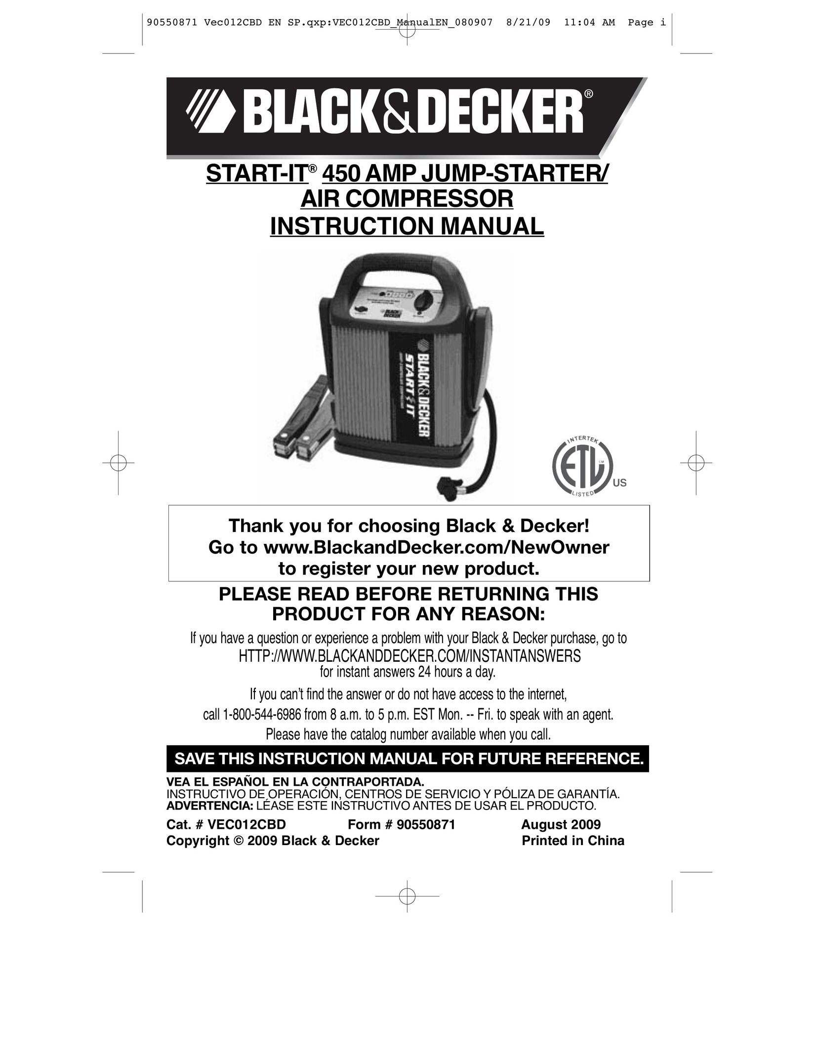 Black & Decker VEC012CBD Air Compressor User Manual