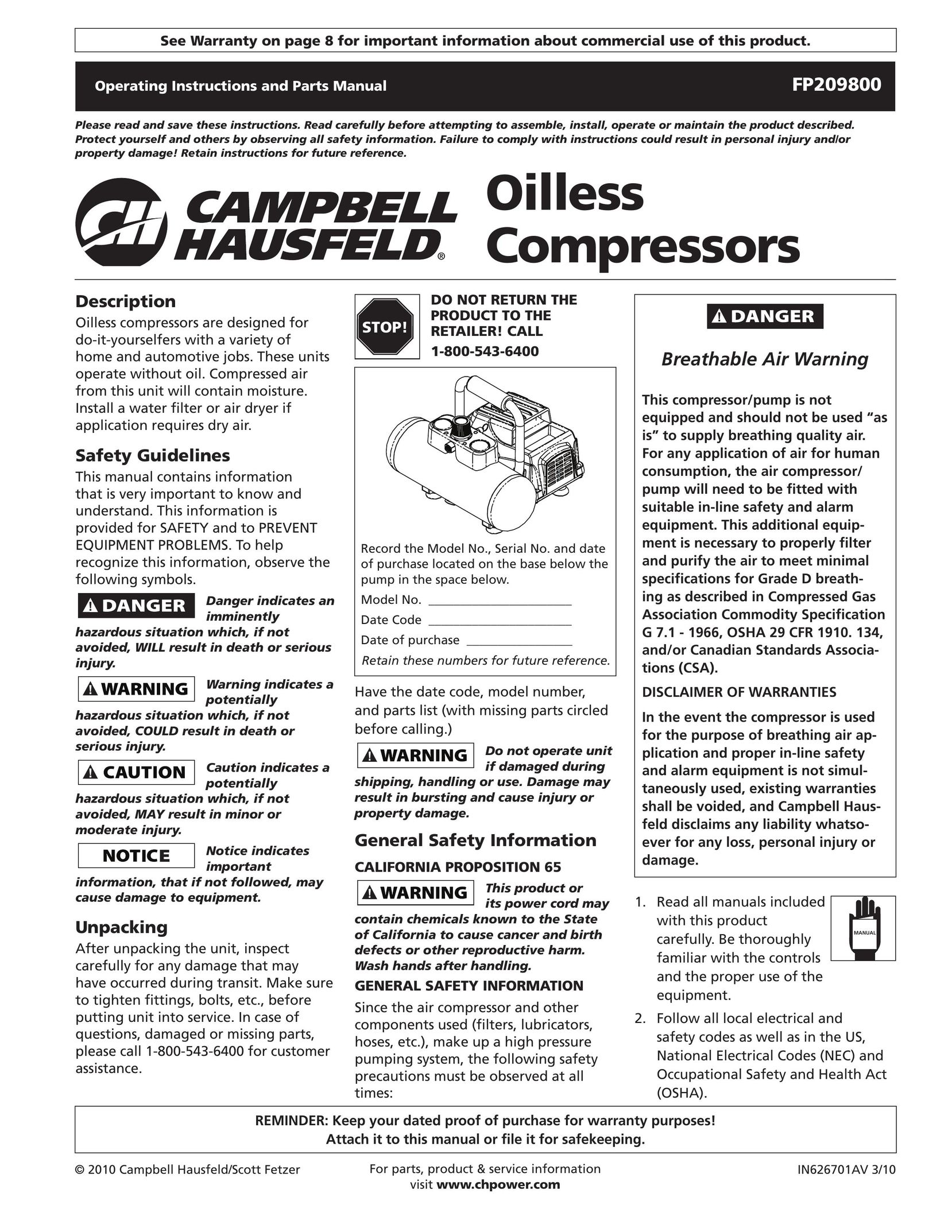 Campbell Hausfeld Attach it to this manual or file it for safekeeping. IN626701AV Air Compressor User Manual