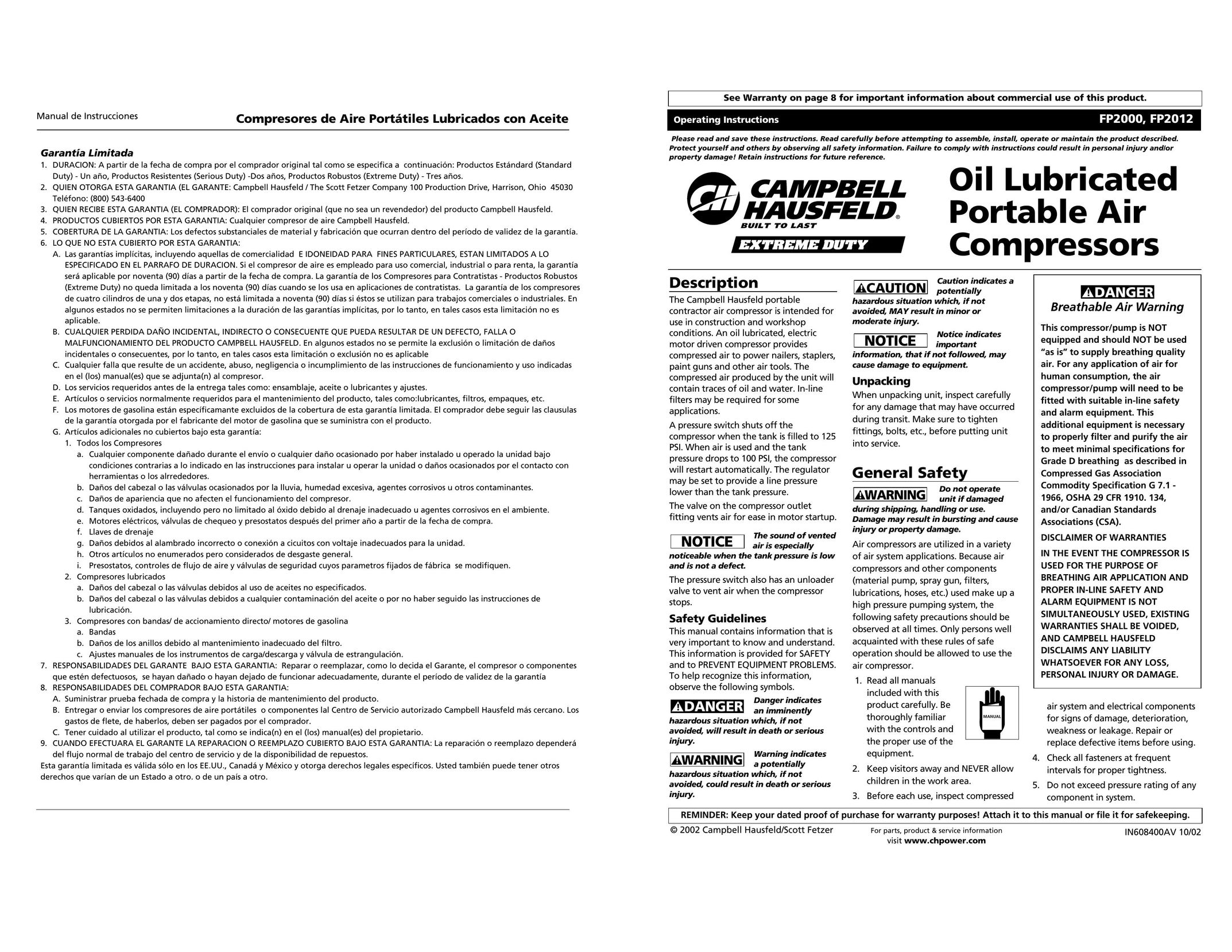 Campbell Hausfeld FP2000 Air Compressor User Manual
