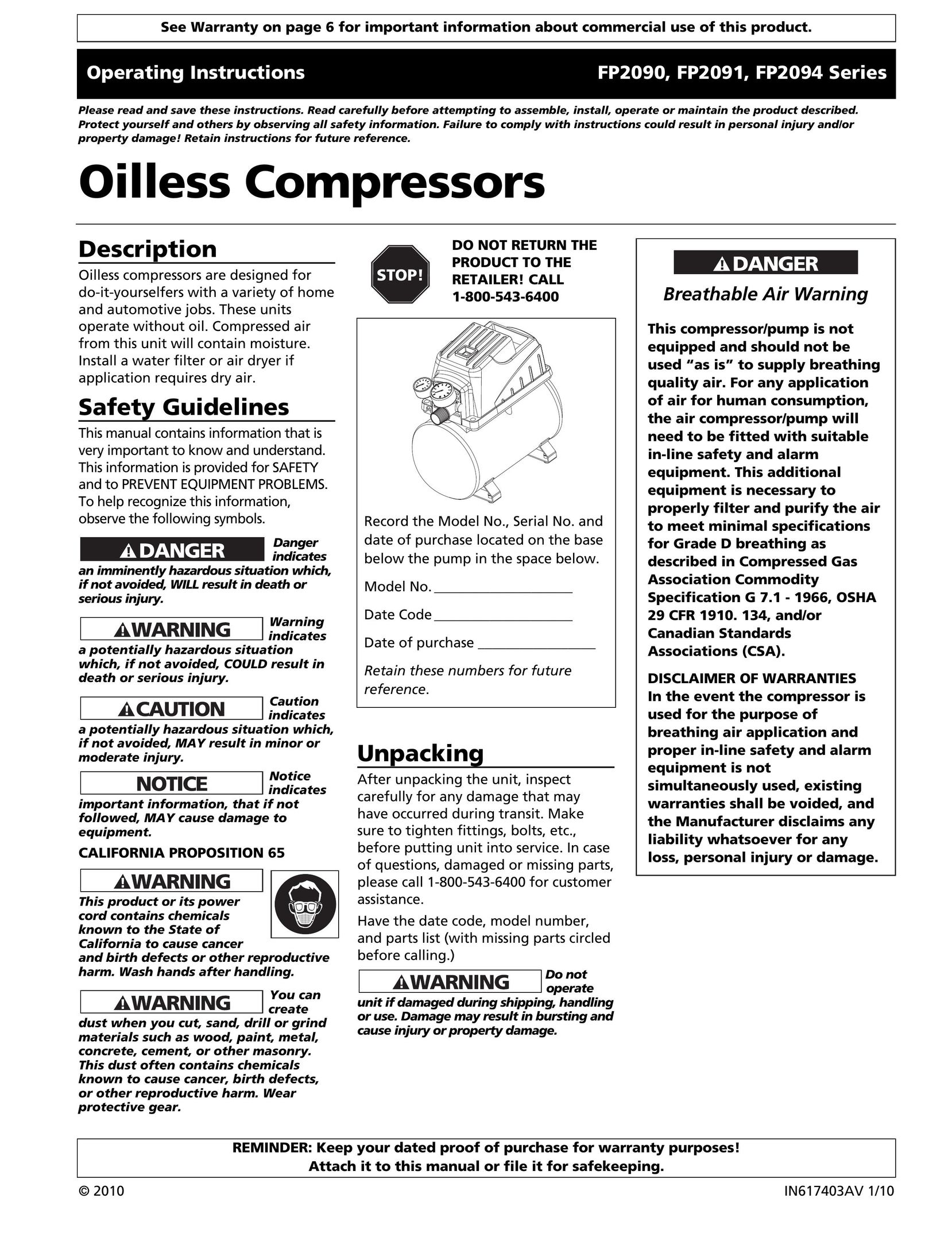 Campbell Hausfeld FP209000 Air Compressor User Manual
