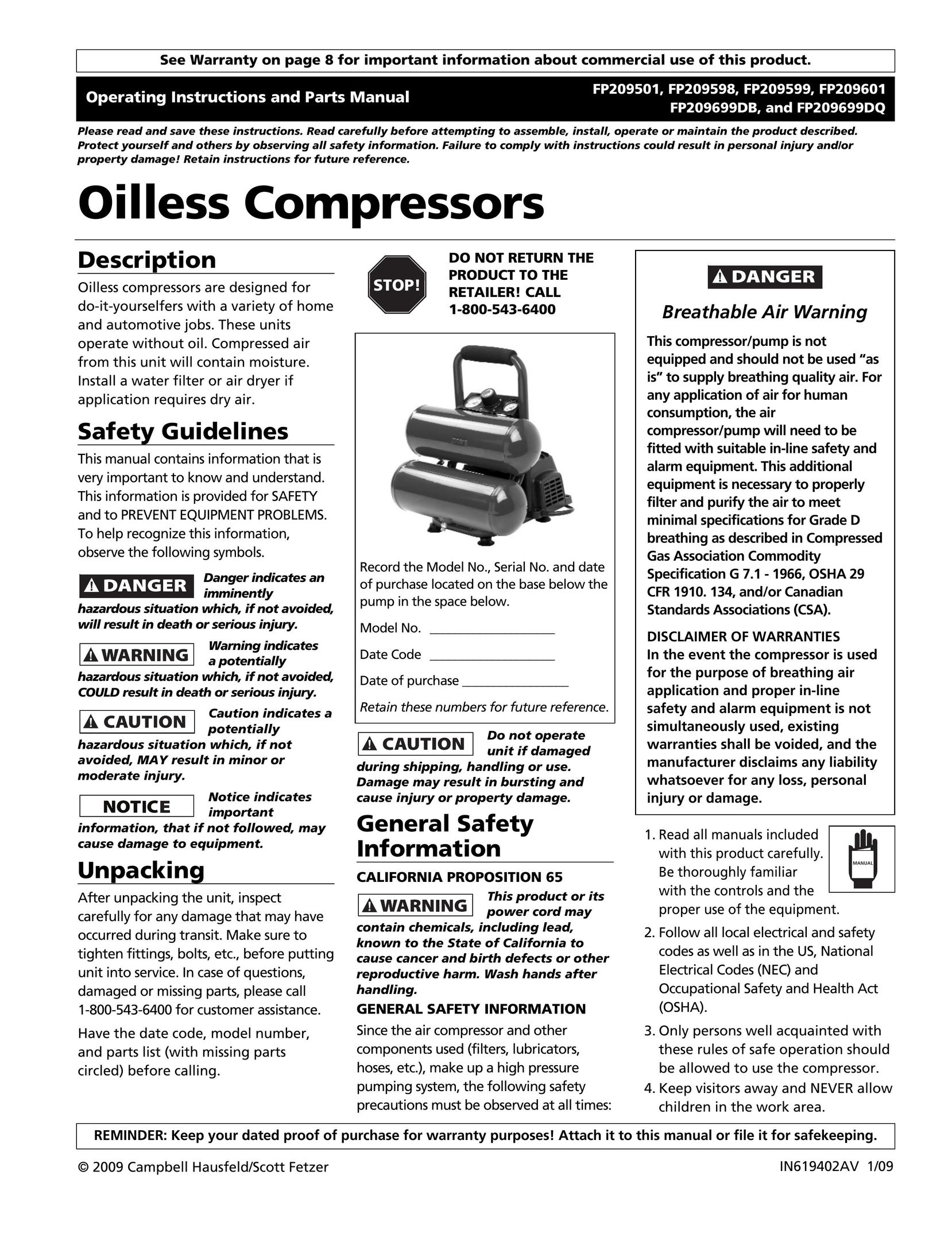 Campbell Hausfeld FP209501 Air Compressor User Manual