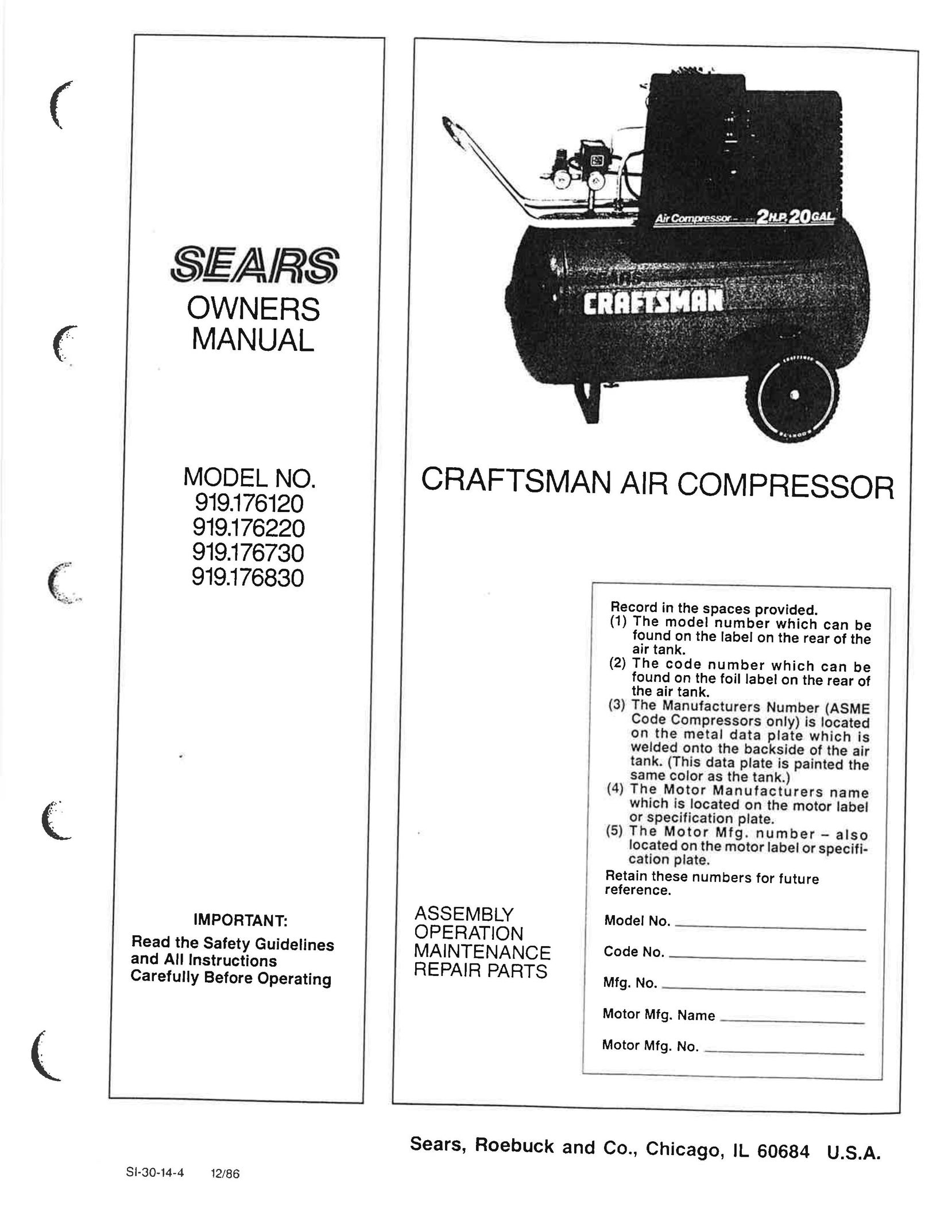 Craftsman 176120 Air Compressor User Manual