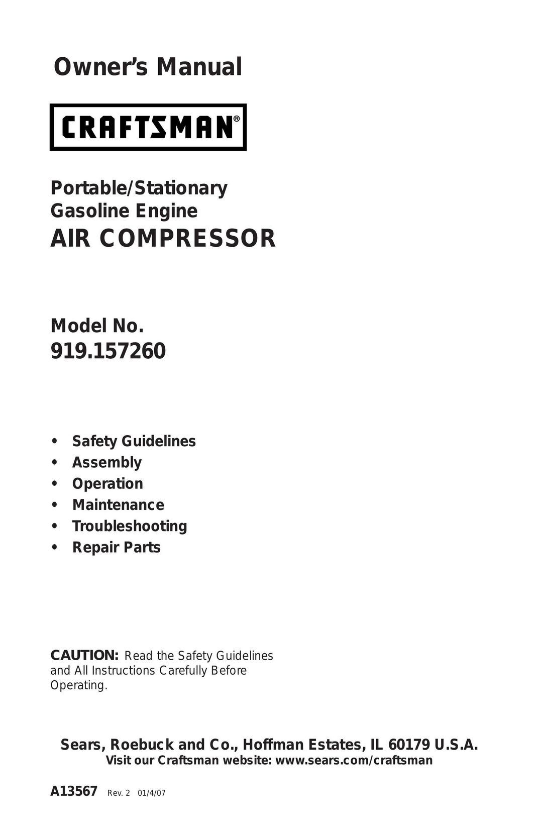 Craftsman 919.15726 Air Compressor User Manual