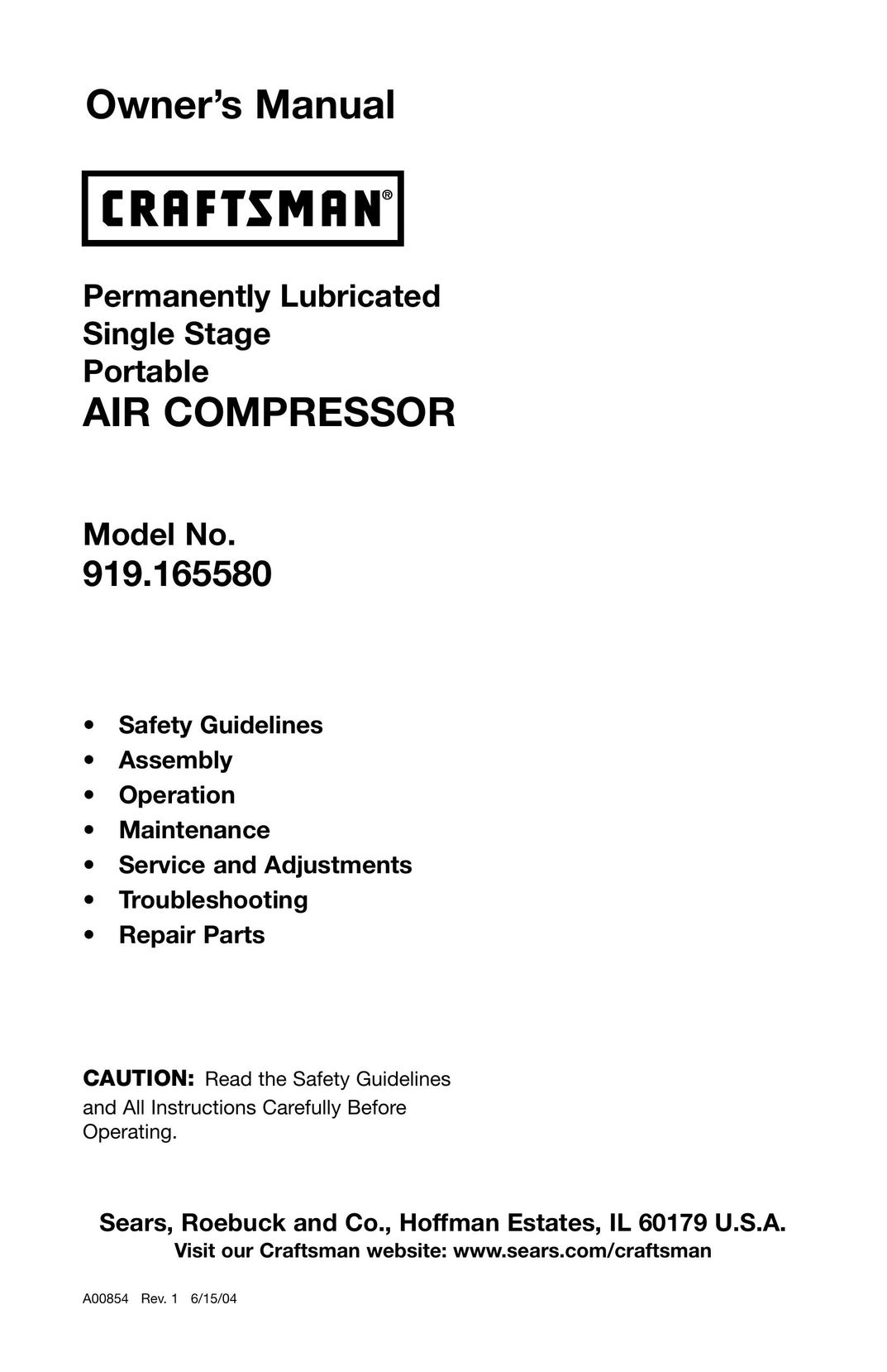 Craftsman 919.16558 Air Compressor User Manual
