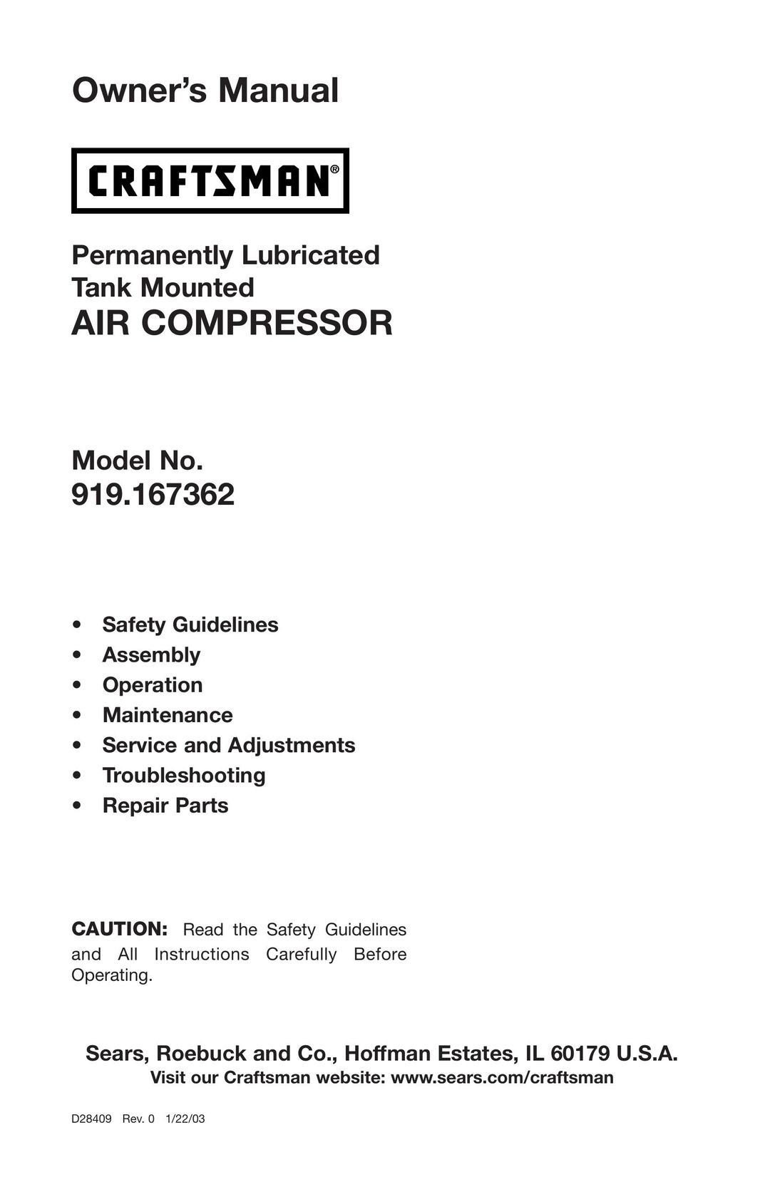 Craftsman 919.167362 Air Compressor User Manual