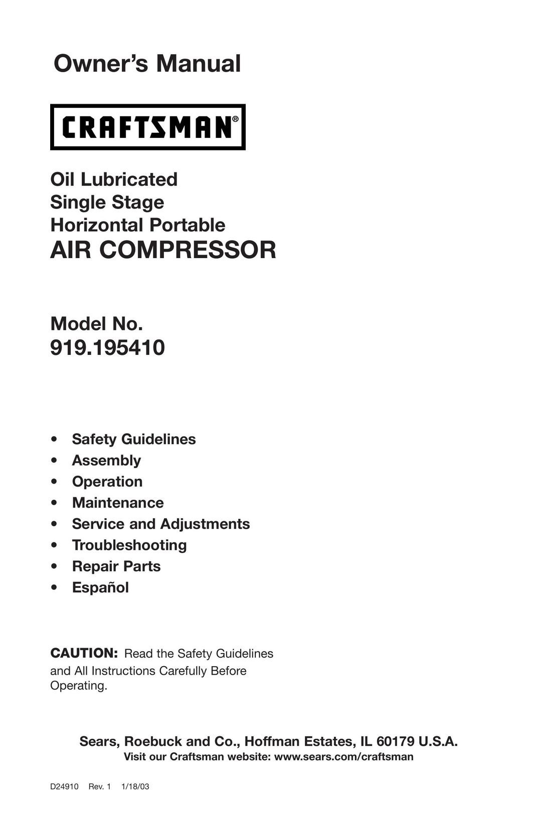 Craftsman 919.19541 Air Compressor User Manual