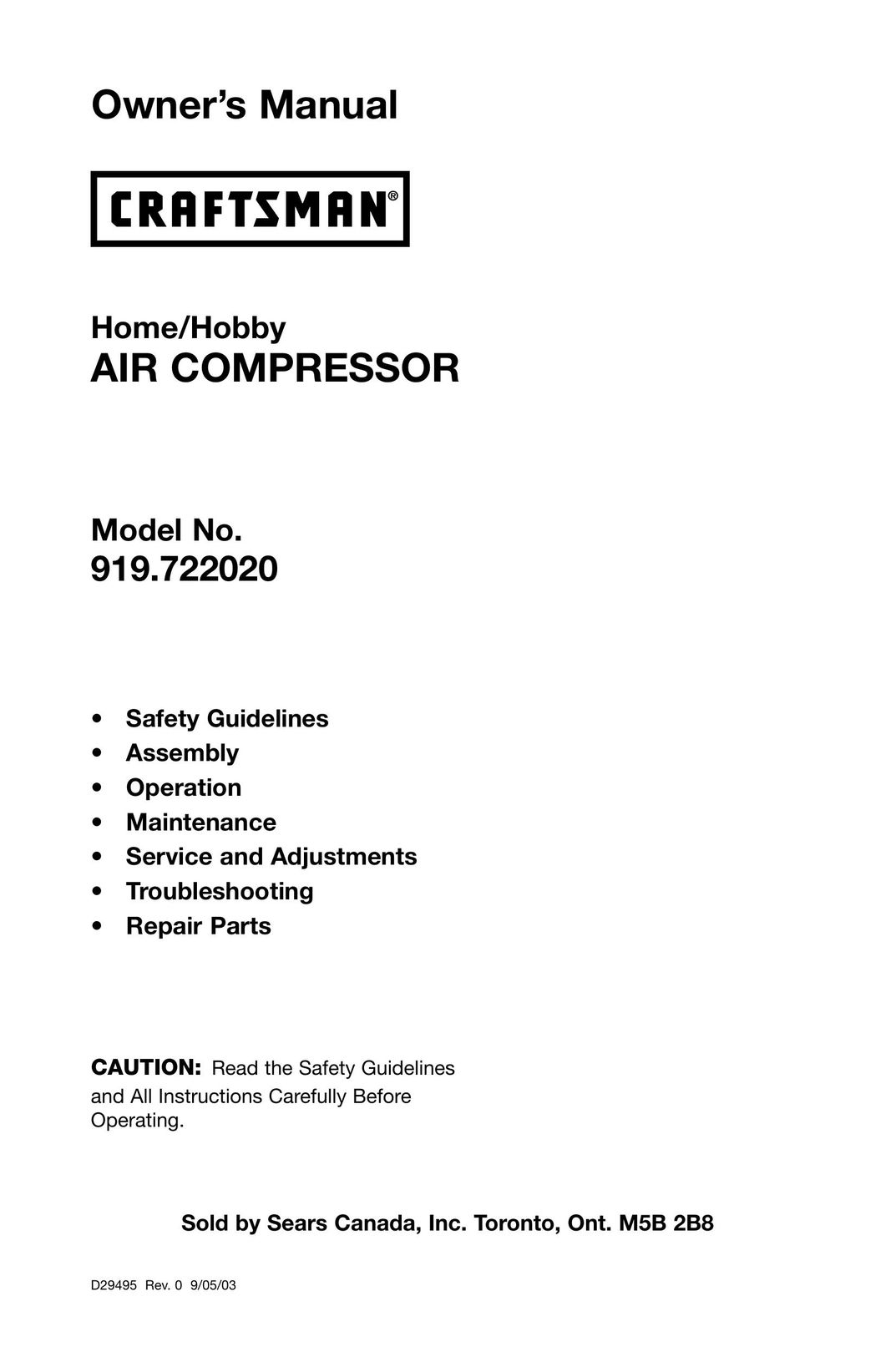 Craftsman 919.722020 Air Compressor User Manual