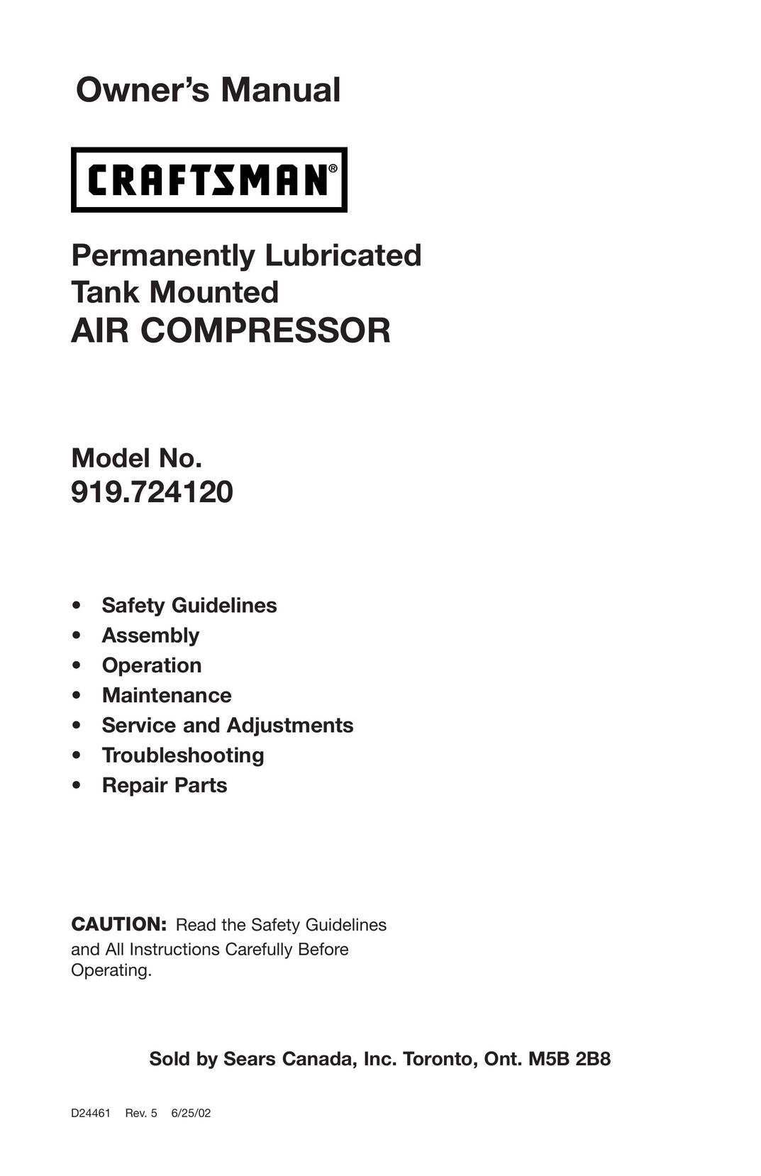 Craftsman 919.72412 Air Compressor User Manual