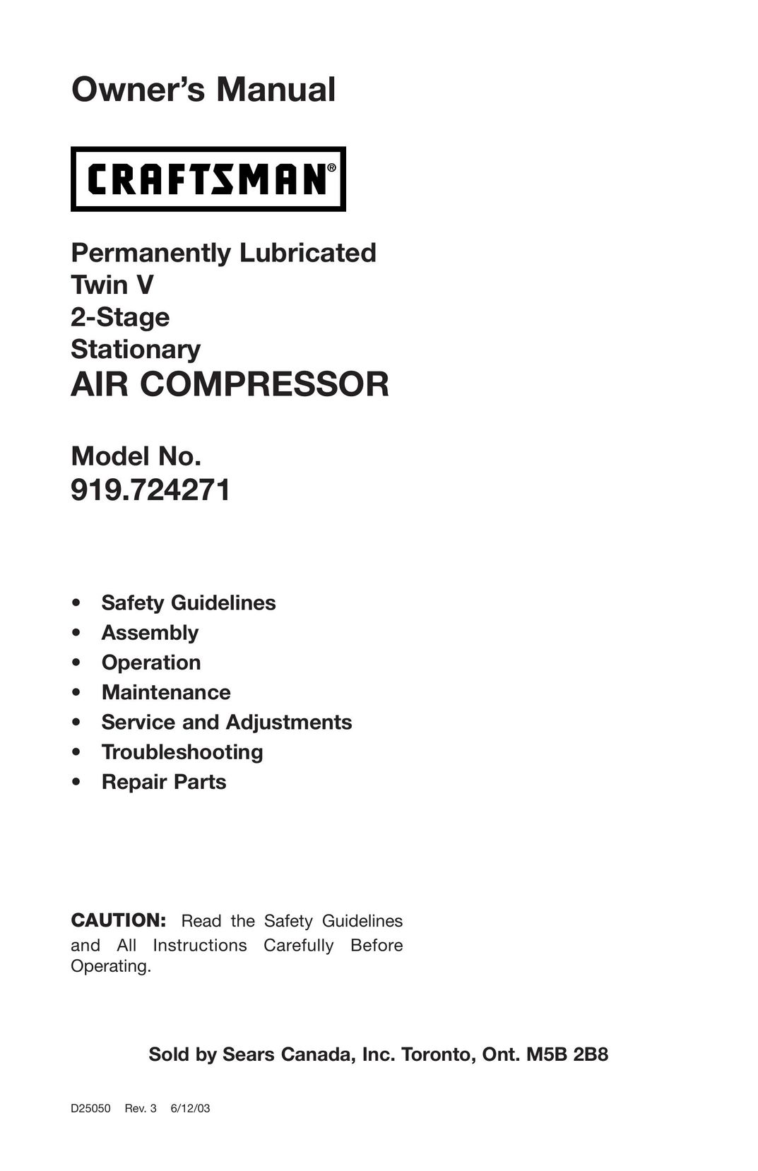 Craftsman 919.724271 Air Compressor User Manual