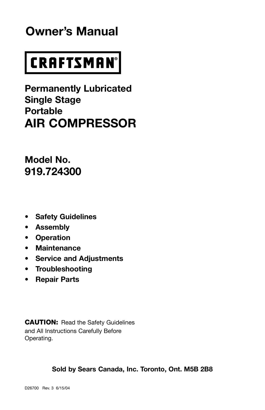 Craftsman 919.7243 Air Compressor User Manual