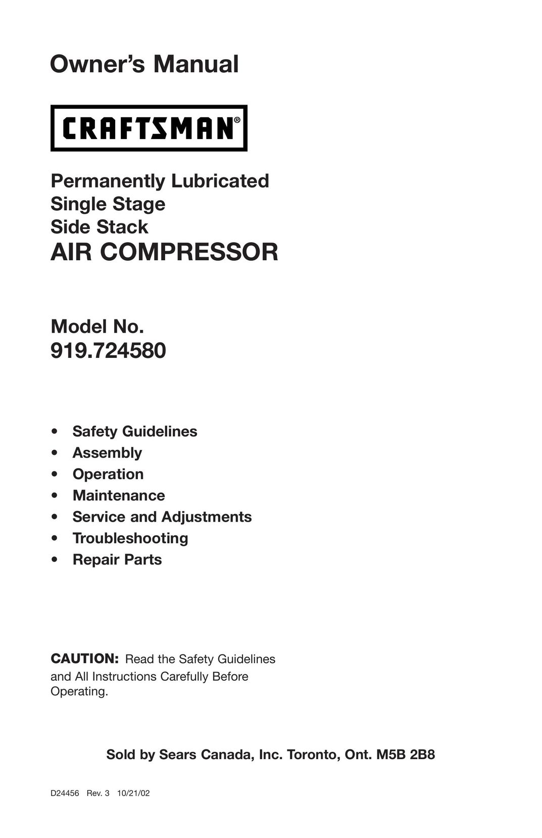 Craftsman 919.72458 Air Compressor User Manual