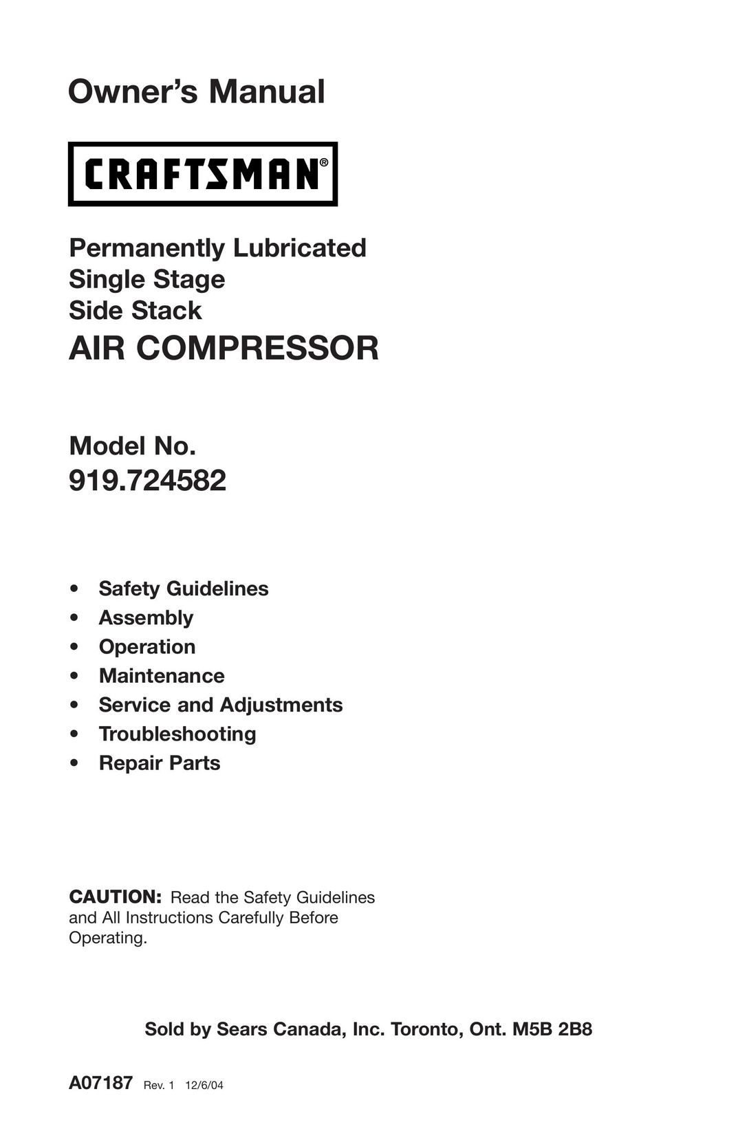 Craftsman 919.724582 Air Compressor User Manual