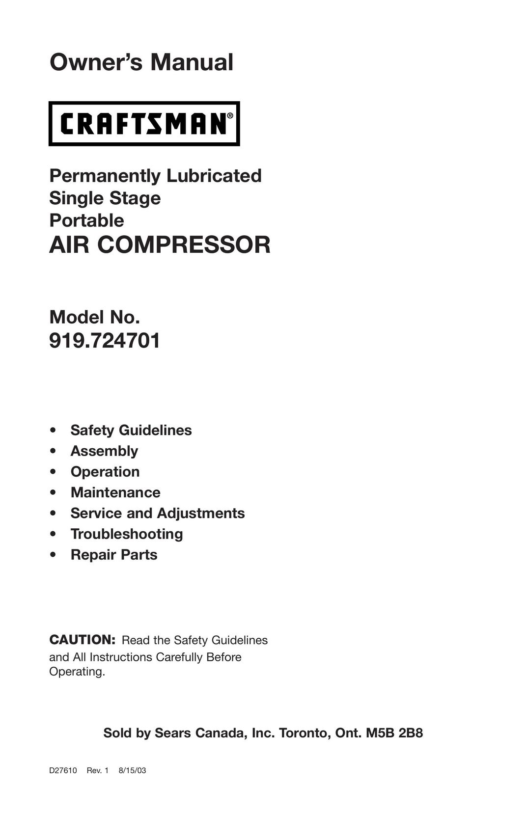 Craftsman 919.724701 Air Compressor User Manual