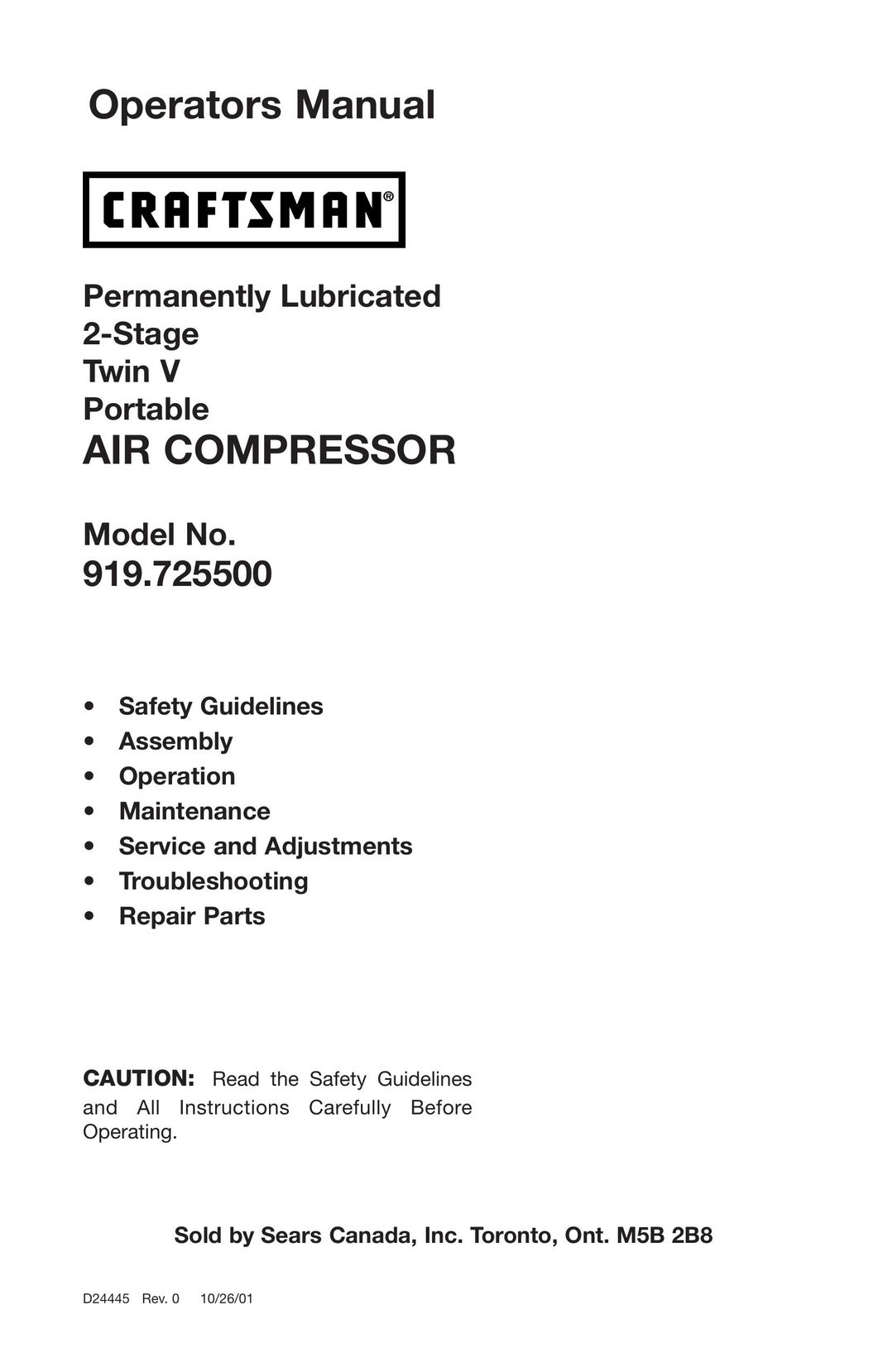 Craftsman 919.7255 Air Compressor User Manual