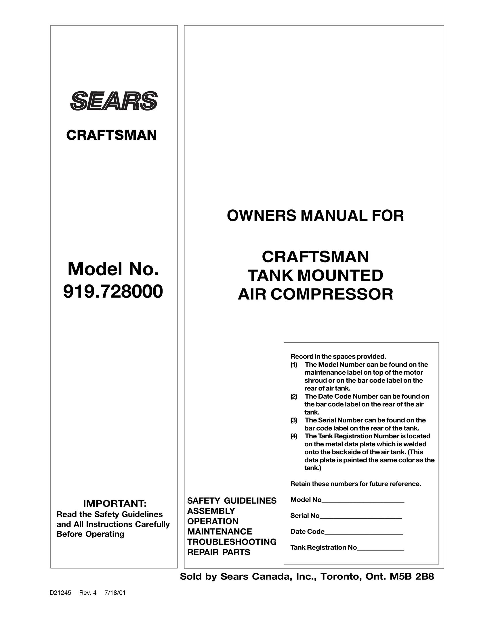 Craftsman 919.728000 Air Compressor User Manual