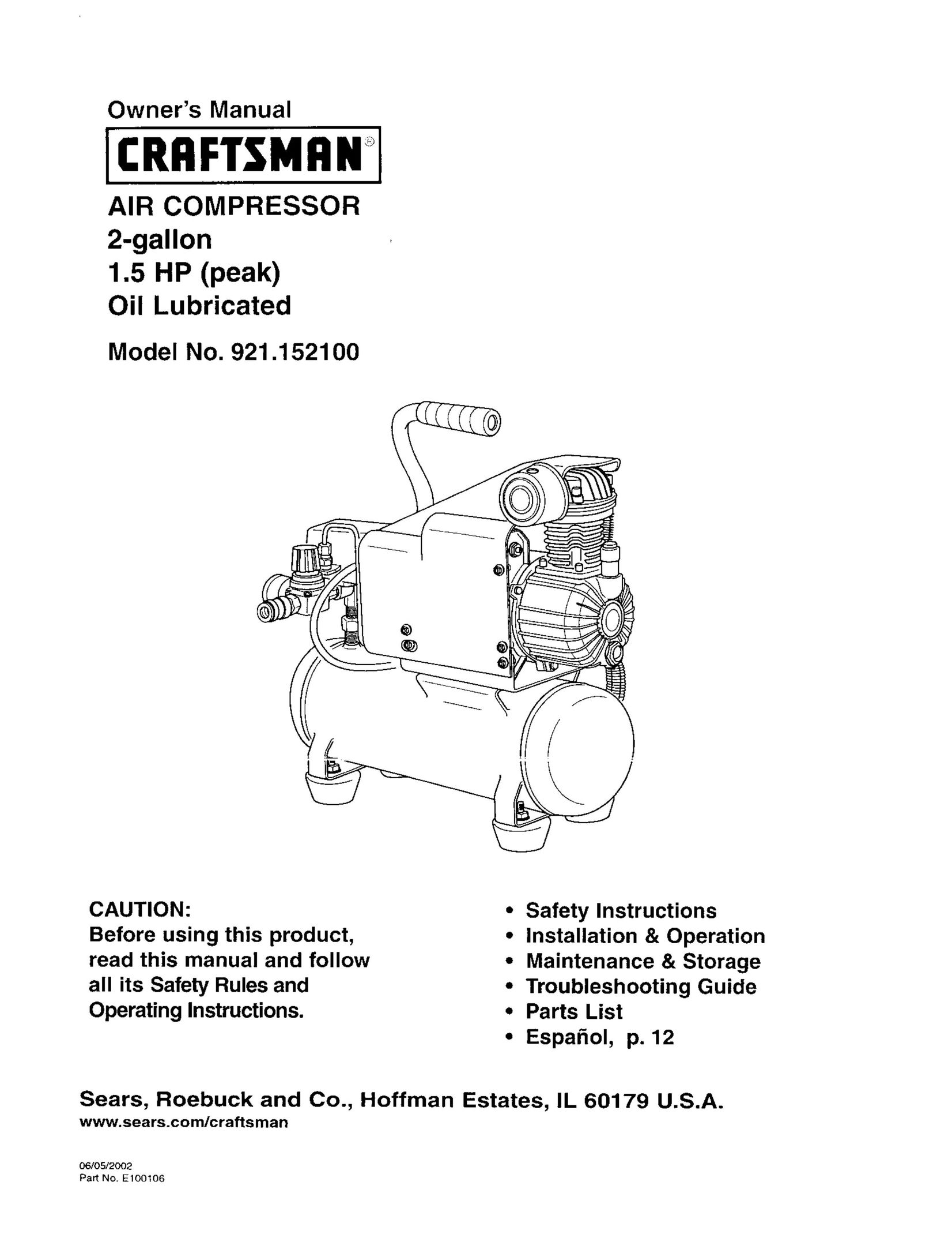 Craftsman 921.1521 Air Compressor User Manual