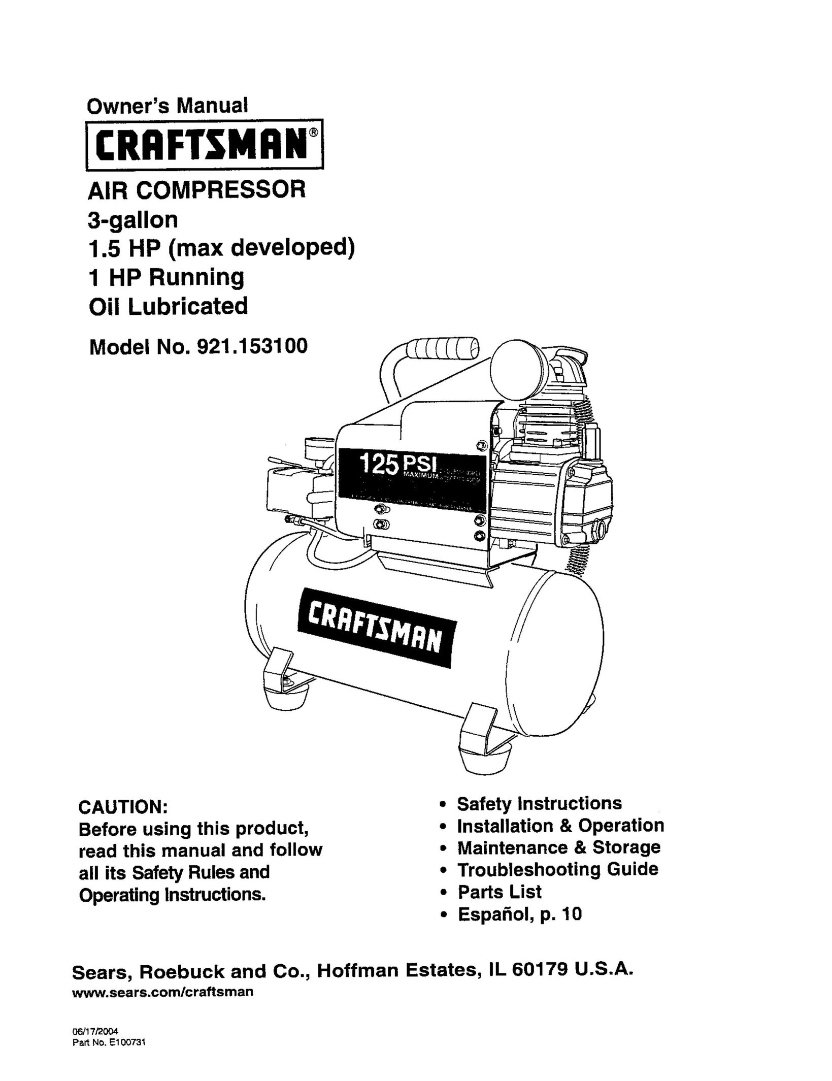 Craftsman 921.1531 Air Compressor User Manual