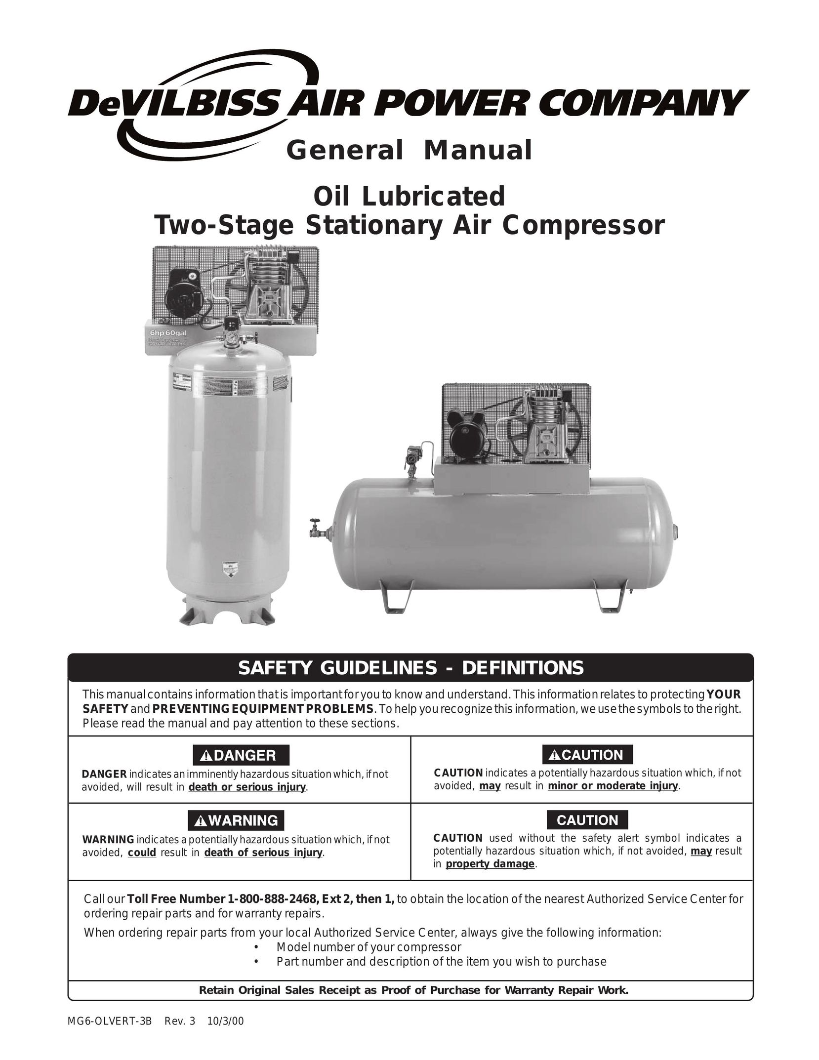 DeVillbiss Air Power Company 12MG6-OLVERT-3B Air Compressor User Manual