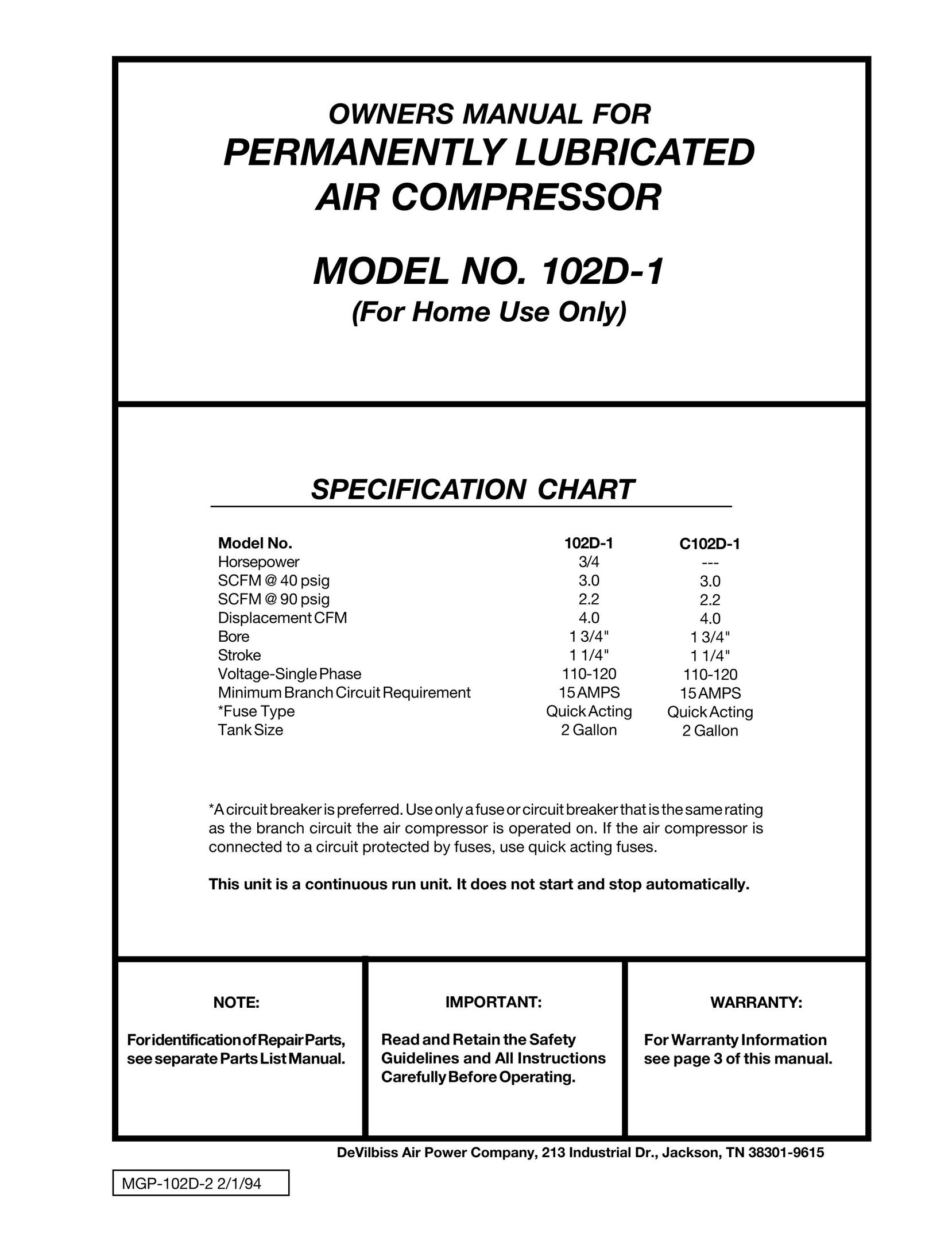 DeVillbiss Air Power Company C102D-1 Air Compressor User Manual