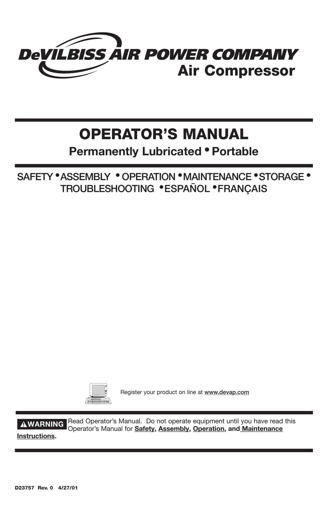DeVillbiss Air Power Company D23757 Air Compressor User Manual