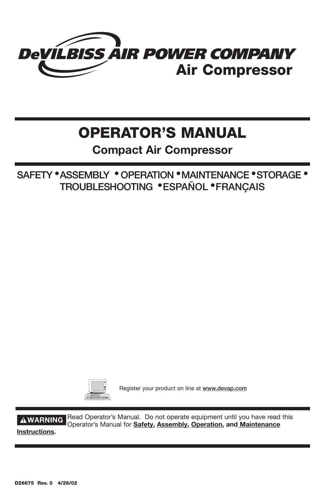 DeVillbiss Air Power Company D26675 Air Compressor User Manual