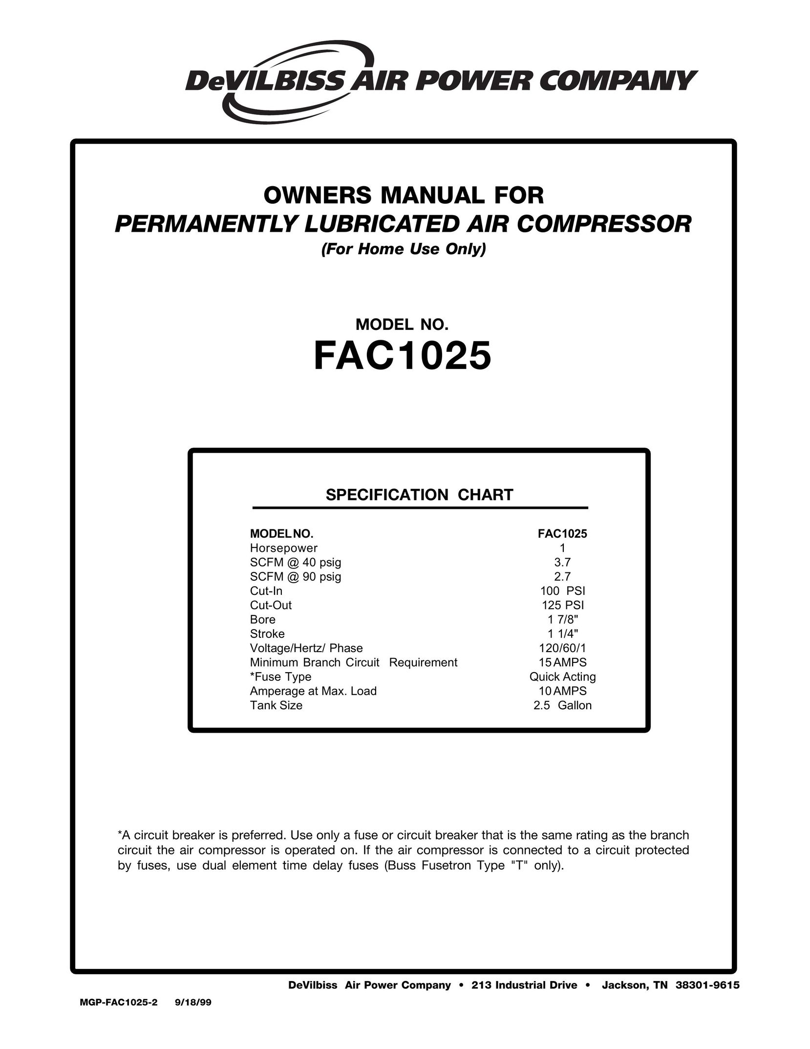 DeVillbiss Air Power Company FAC1025 Air Compressor User Manual
