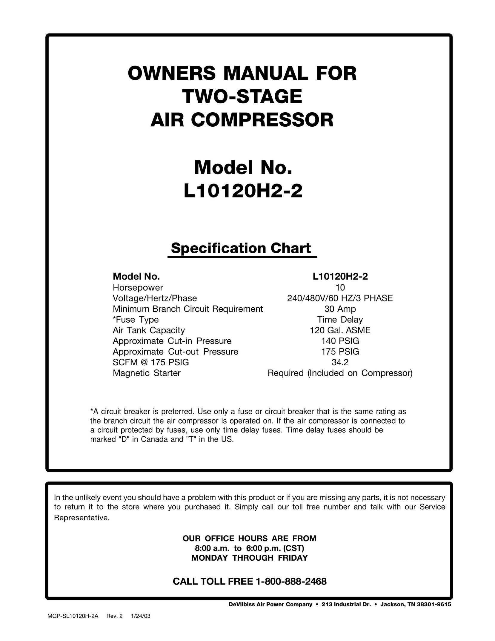 DeVillbiss Air Power Company L10120H2-2 Air Compressor User Manual