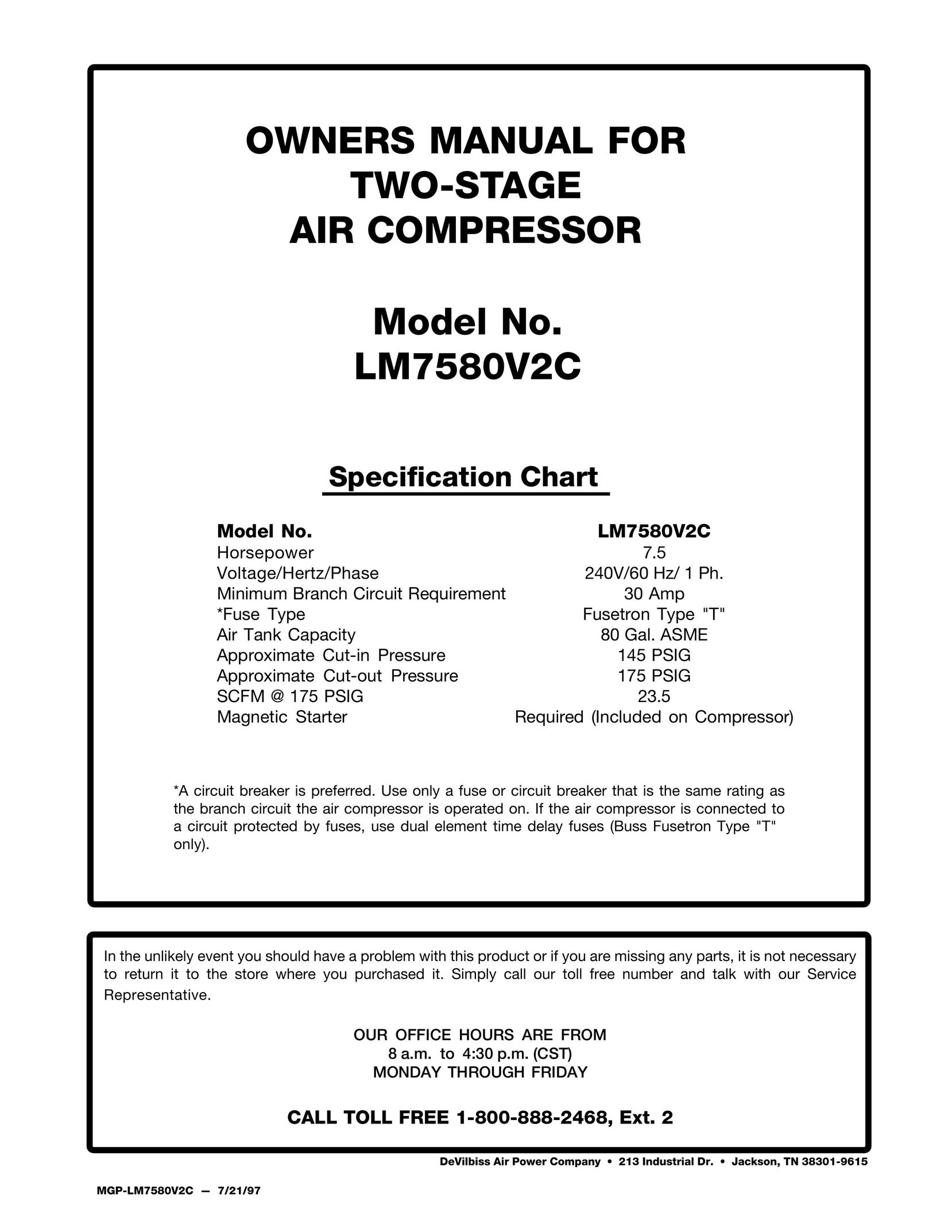 DeVillbiss Air Power Company LM7580V2C Air Compressor User Manual