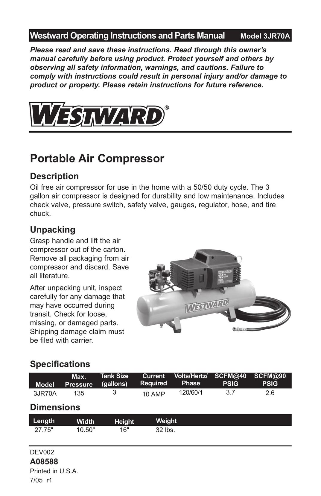 DeWalt 3JR70A Air Compressor User Manual