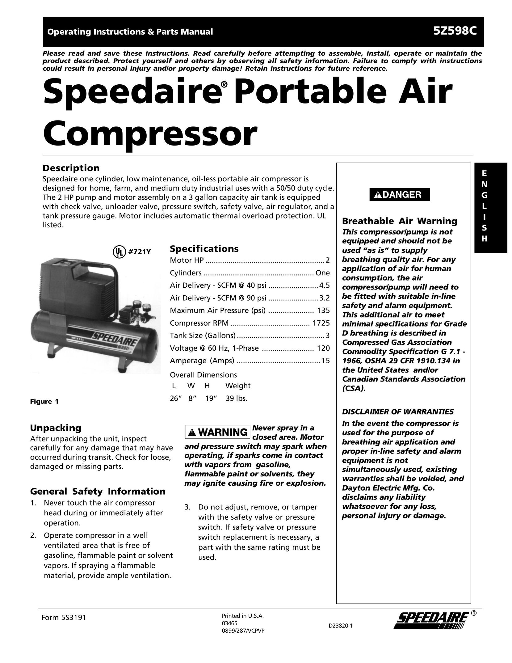 DeWalt 5Z598C Air Compressor User Manual