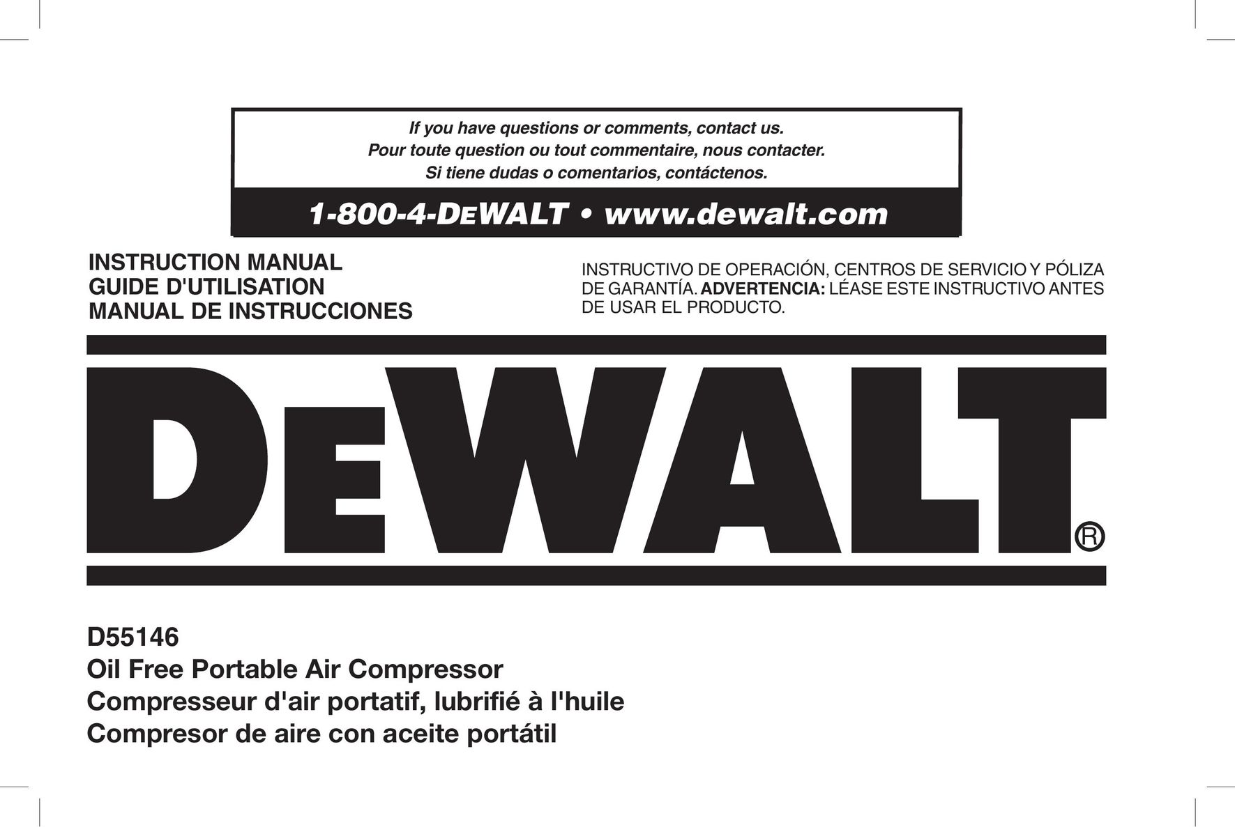 DeWalt D55146R Air Compressor User Manual