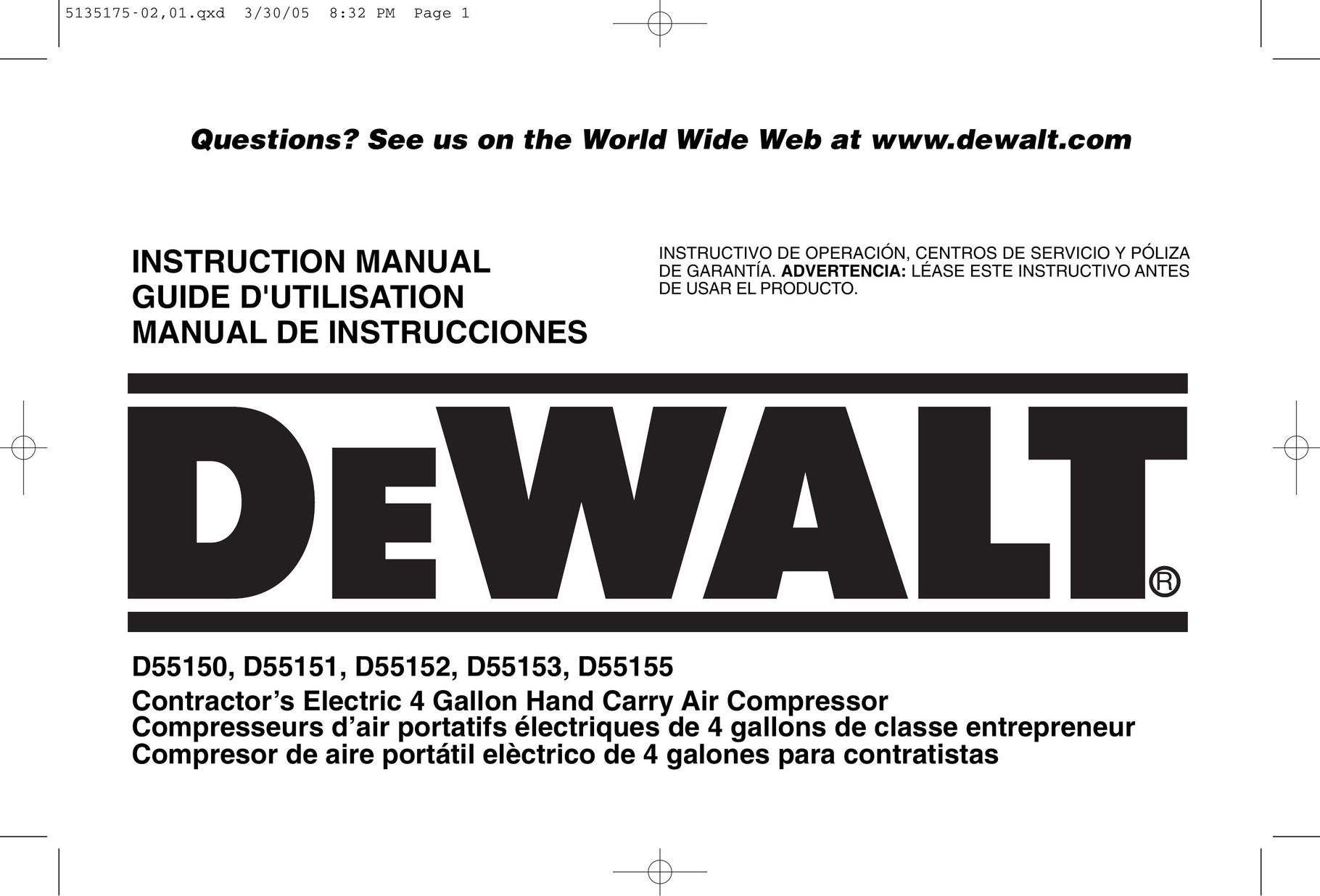 DeWalt D55153R Air Compressor User Manual