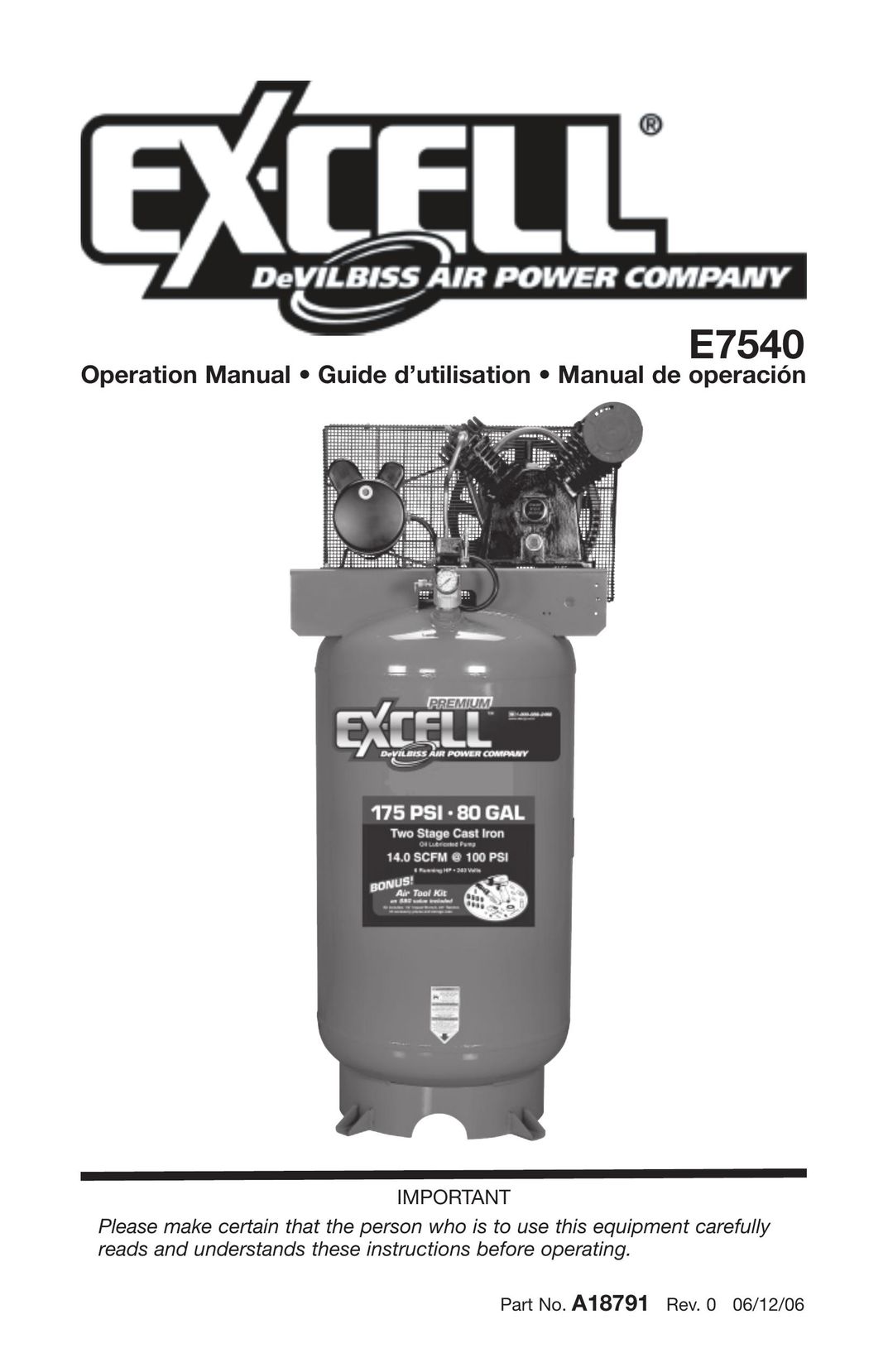 Excell Precision E7540 Air Compressor User Manual