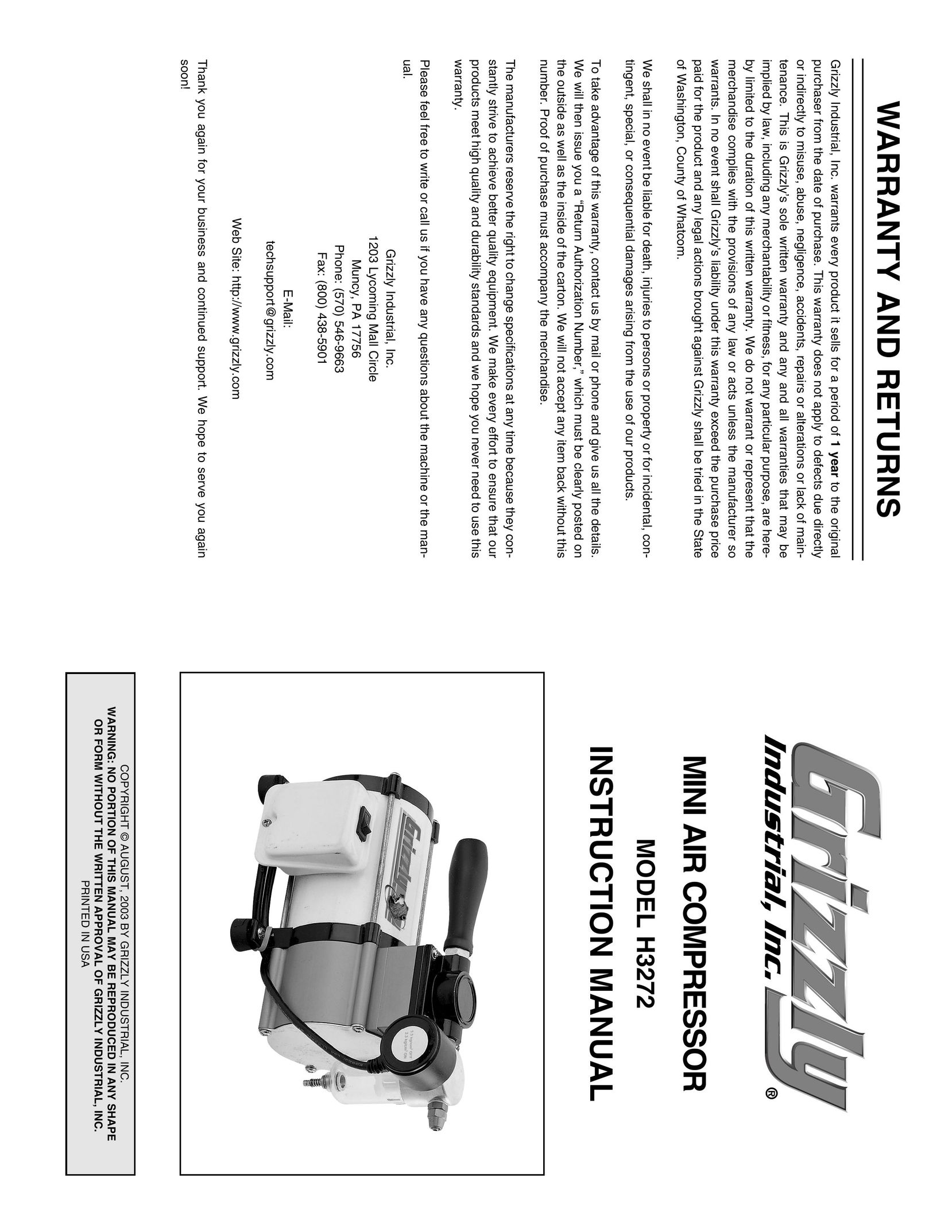 Grizzly H3272 Air Compressor User Manual